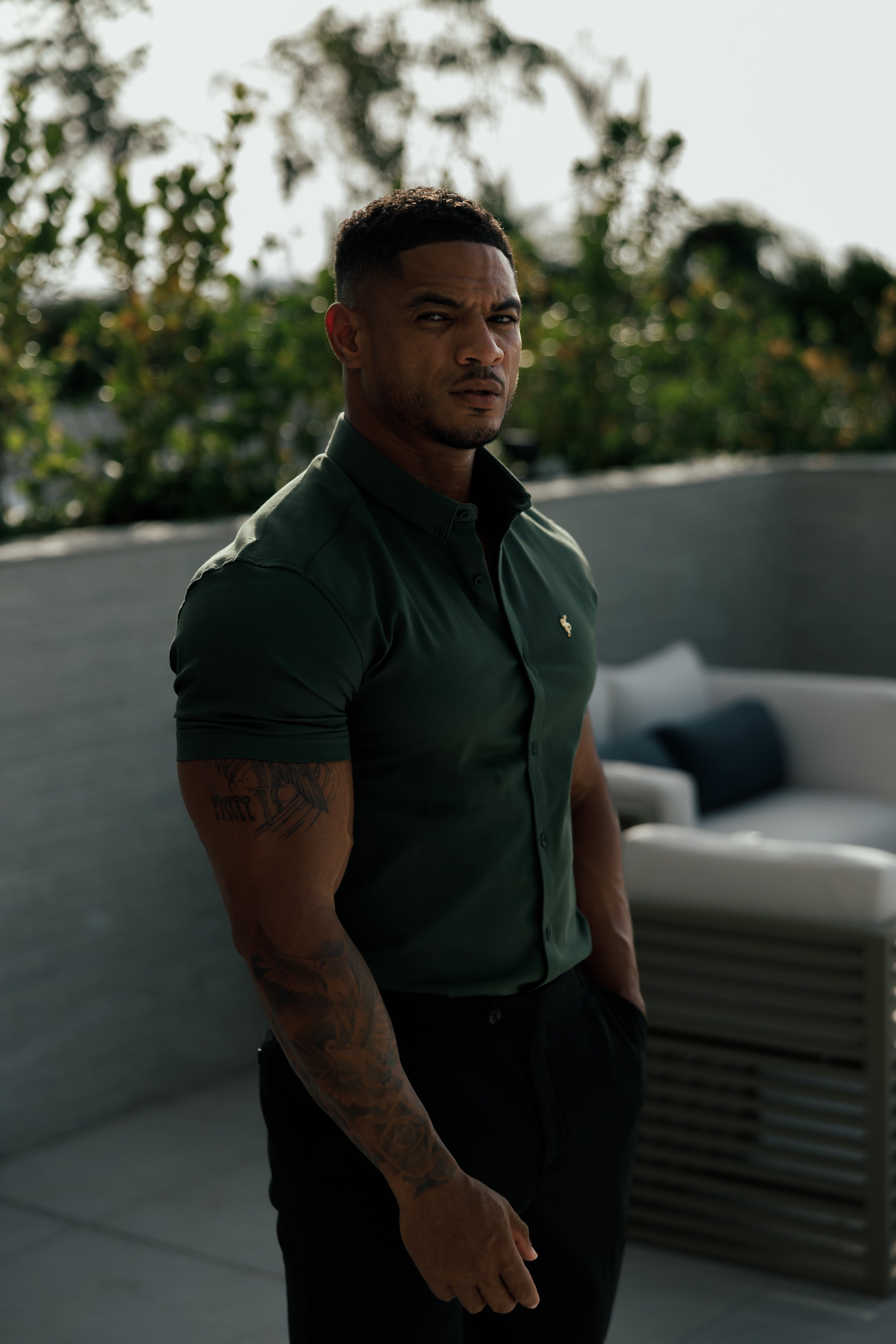 Super Slim Stretch Khaki Denim Short Sleeve with Gold Metal Decal and Button Down Collar - FS1043