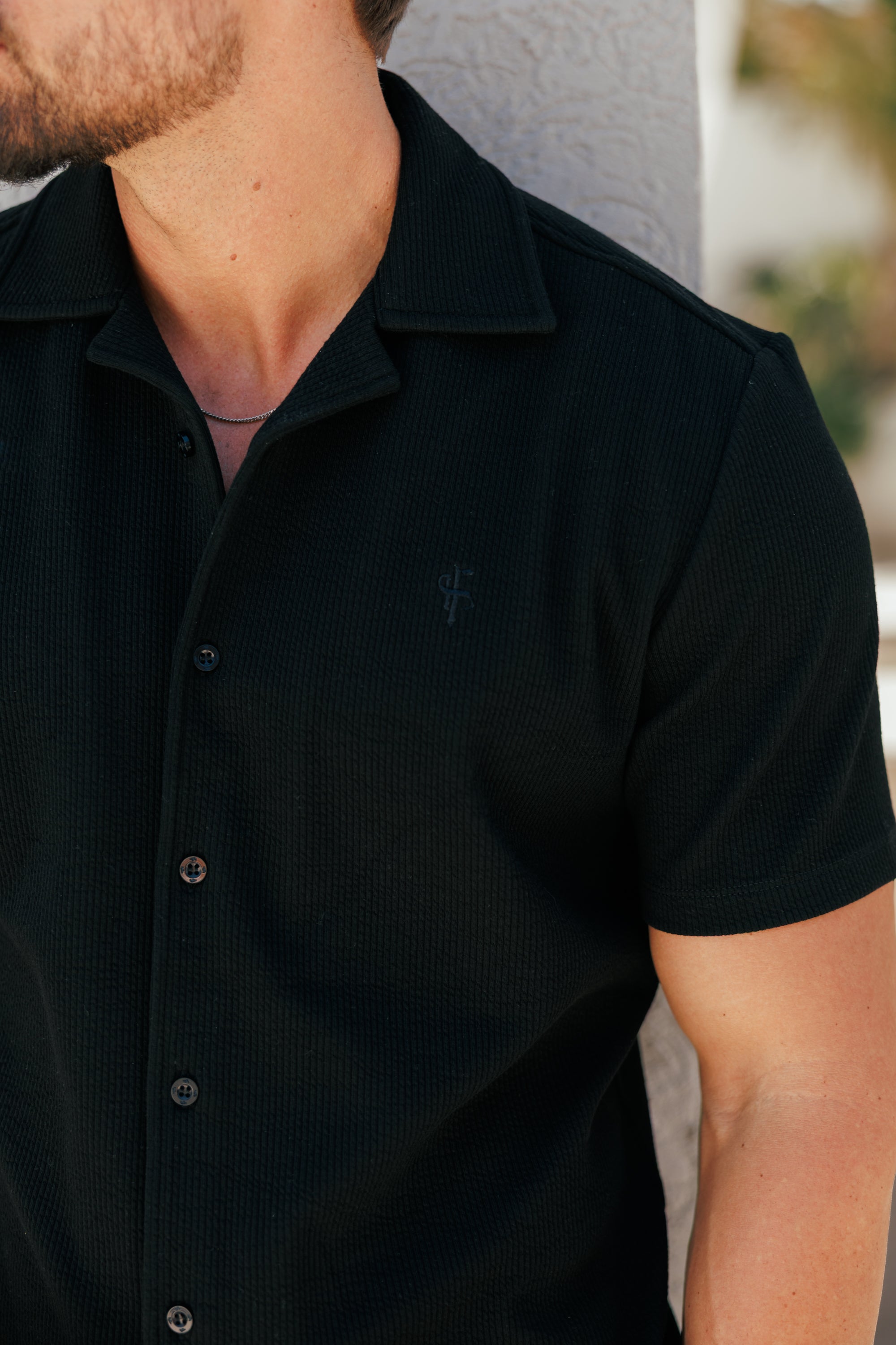 Jersey Cord Stretch Black Revere Shirt Short Sleeve - FSR070