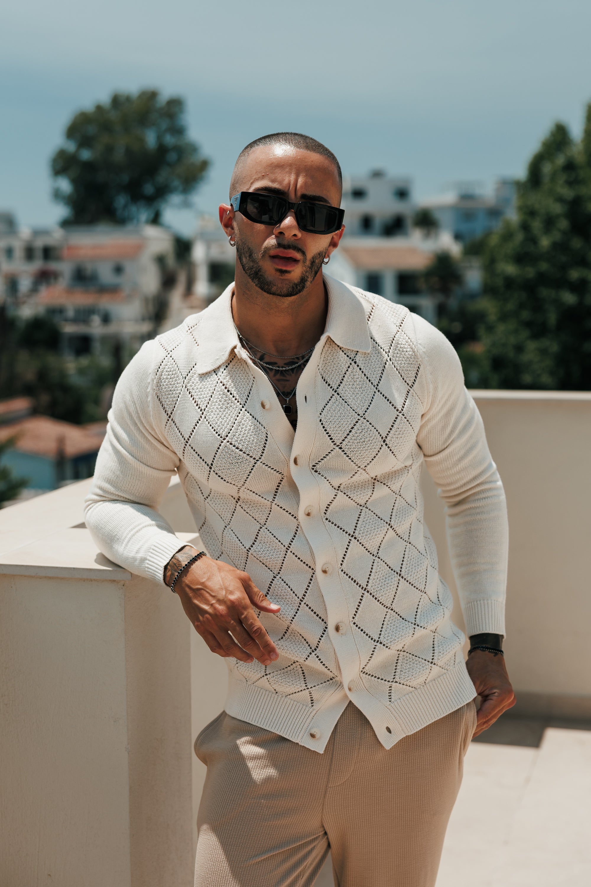 Cream Diamond Perforated Shirt Long Sleeve - FSA018 (PRE ORDER 31ST AUGUST)