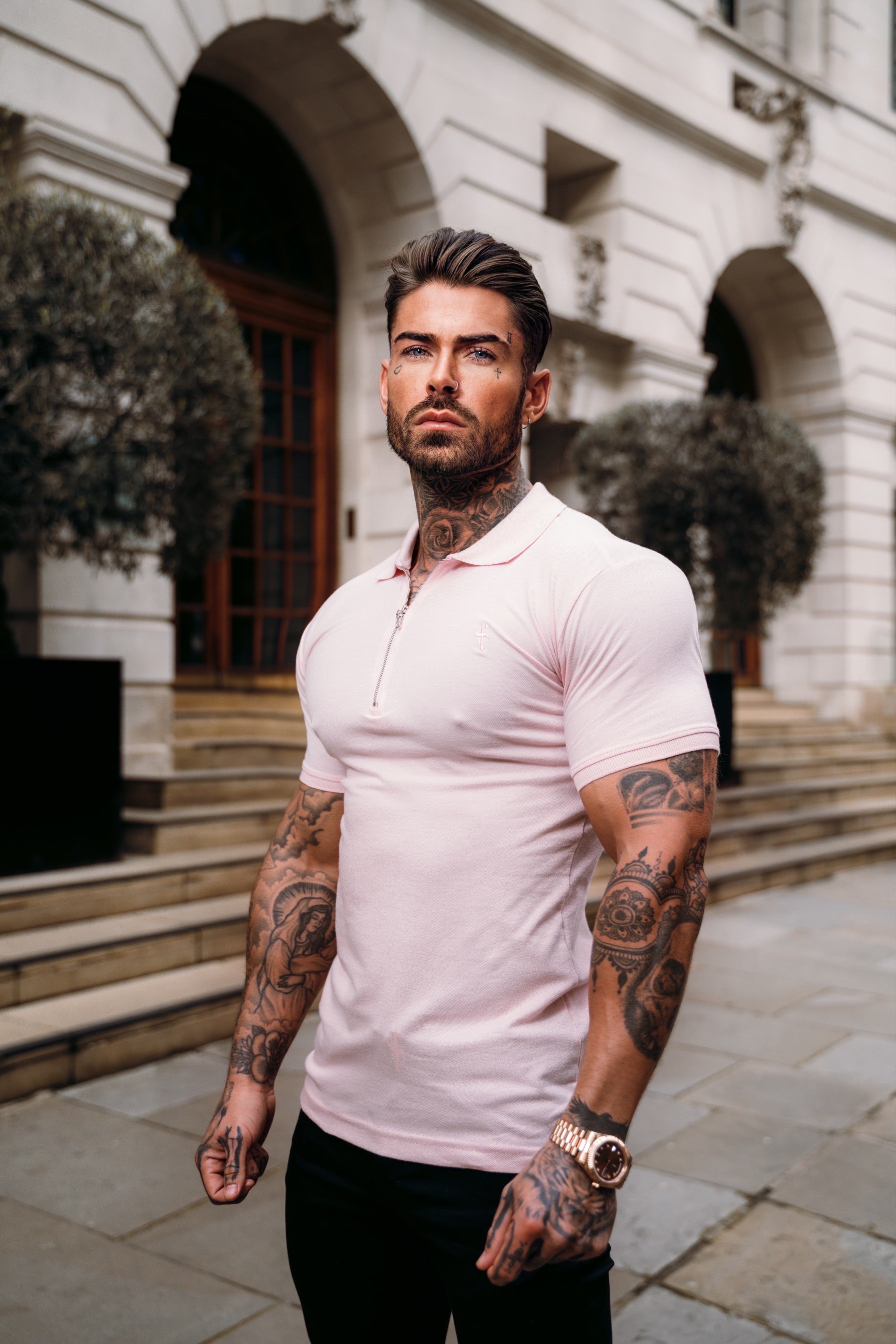 Classic Pink and Silver Zipped Polo Shirt - FSH854