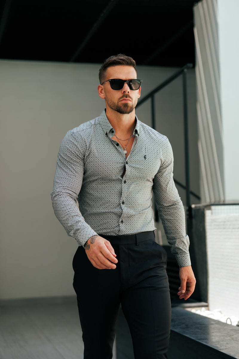 Father Sons Super Slim Stretch Black / White Diamond Print Long Sleeve with Button Down Collar - FS1226
