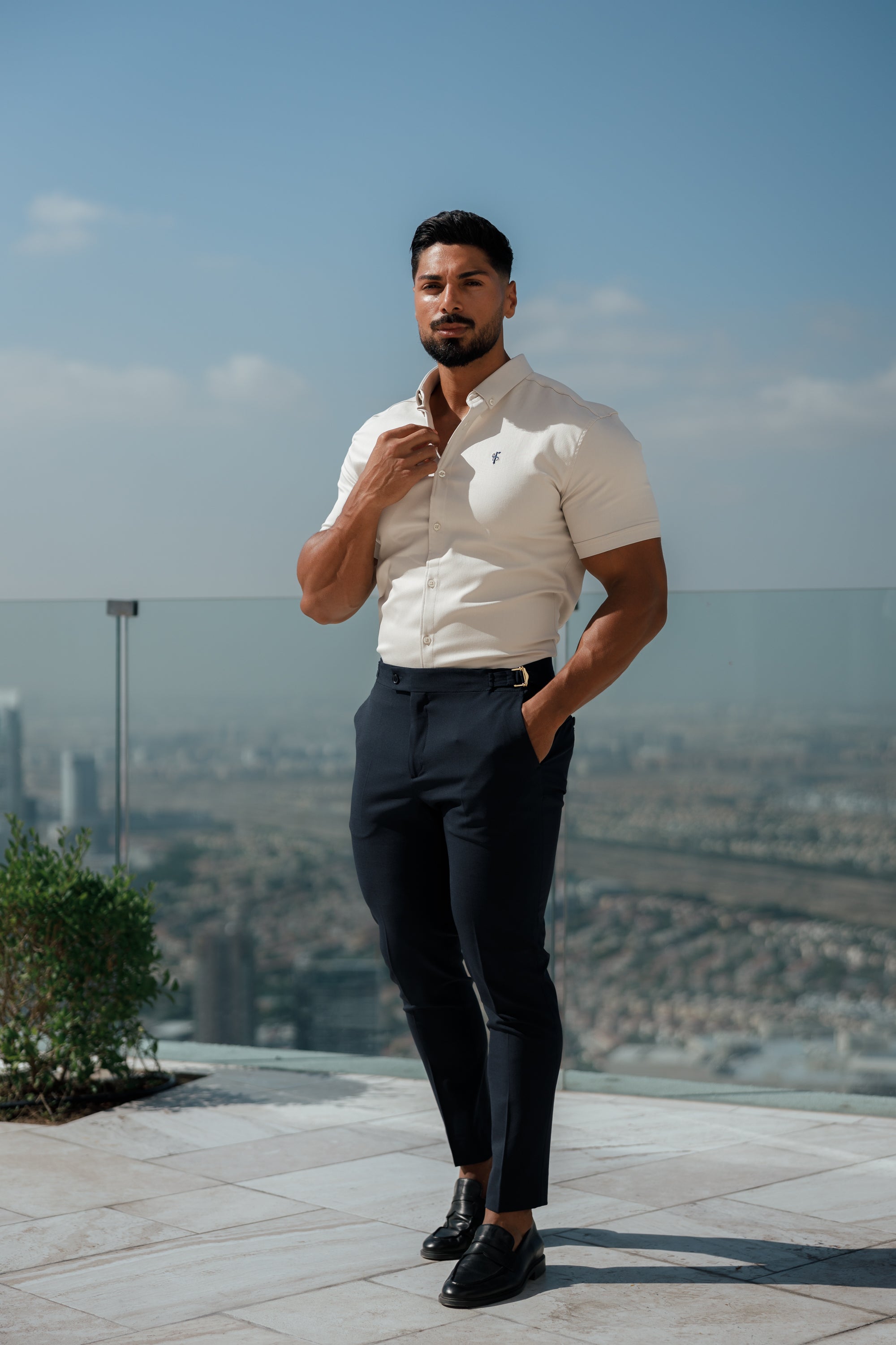 Super Slim Stretch Oatmeal Denim Short Sleeve With Button Down Collar - FS1025