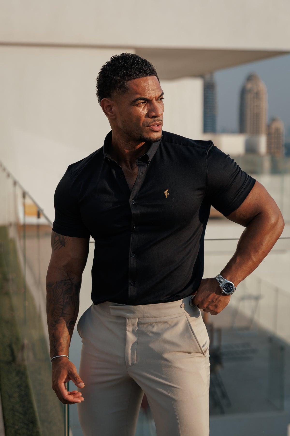 Super Slim Stretch Black Denim Short Sleeve with Gold Embroidery and Button Down Collar - FS1041