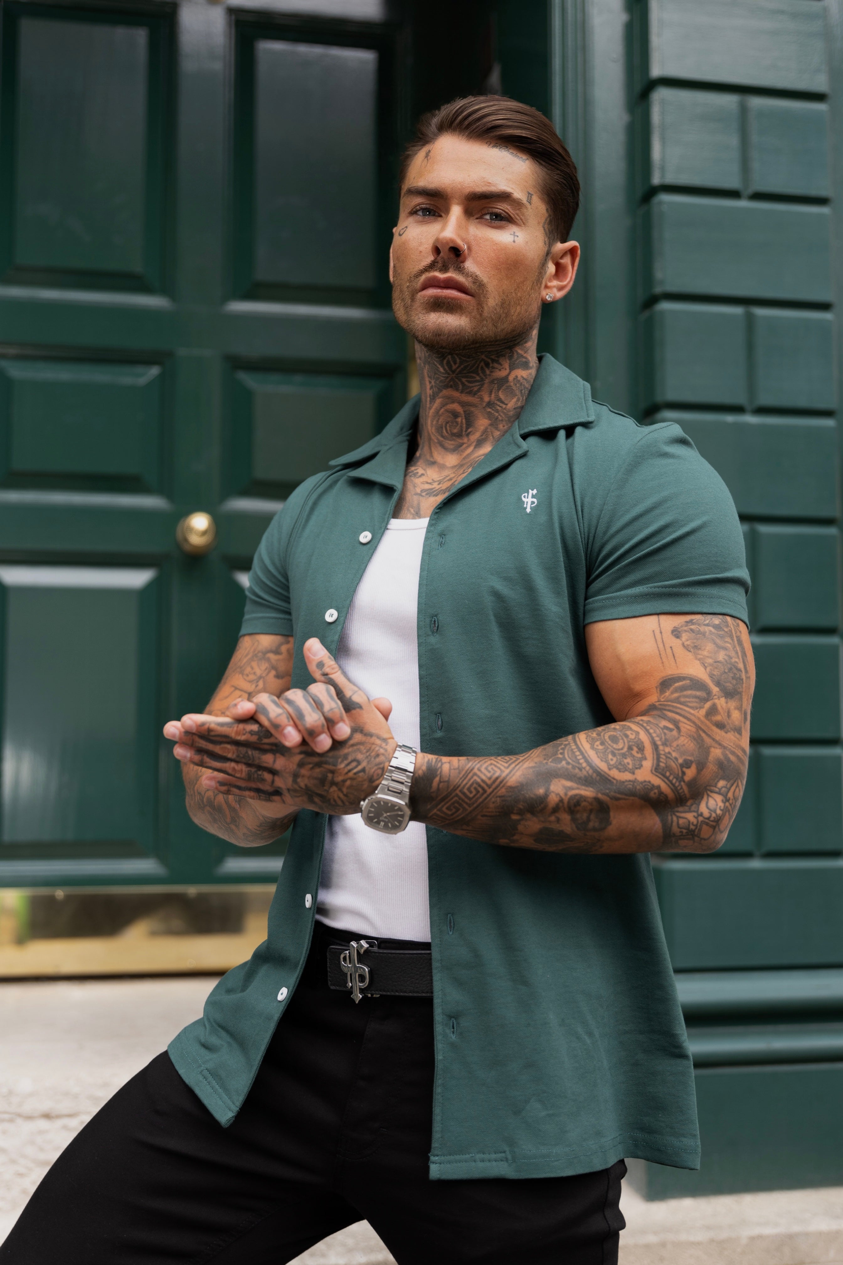 Stretch Green Pique Revere Shirt Short Sleeve - FSH1076