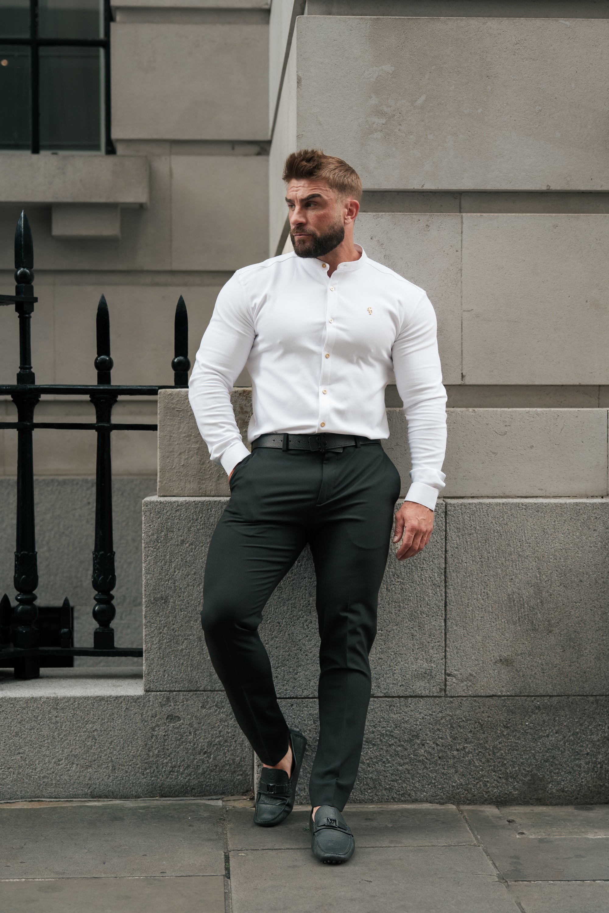 Super Slim Scuba White / Gold Long Sleeve Stretch with Grandad Collar - FS1193