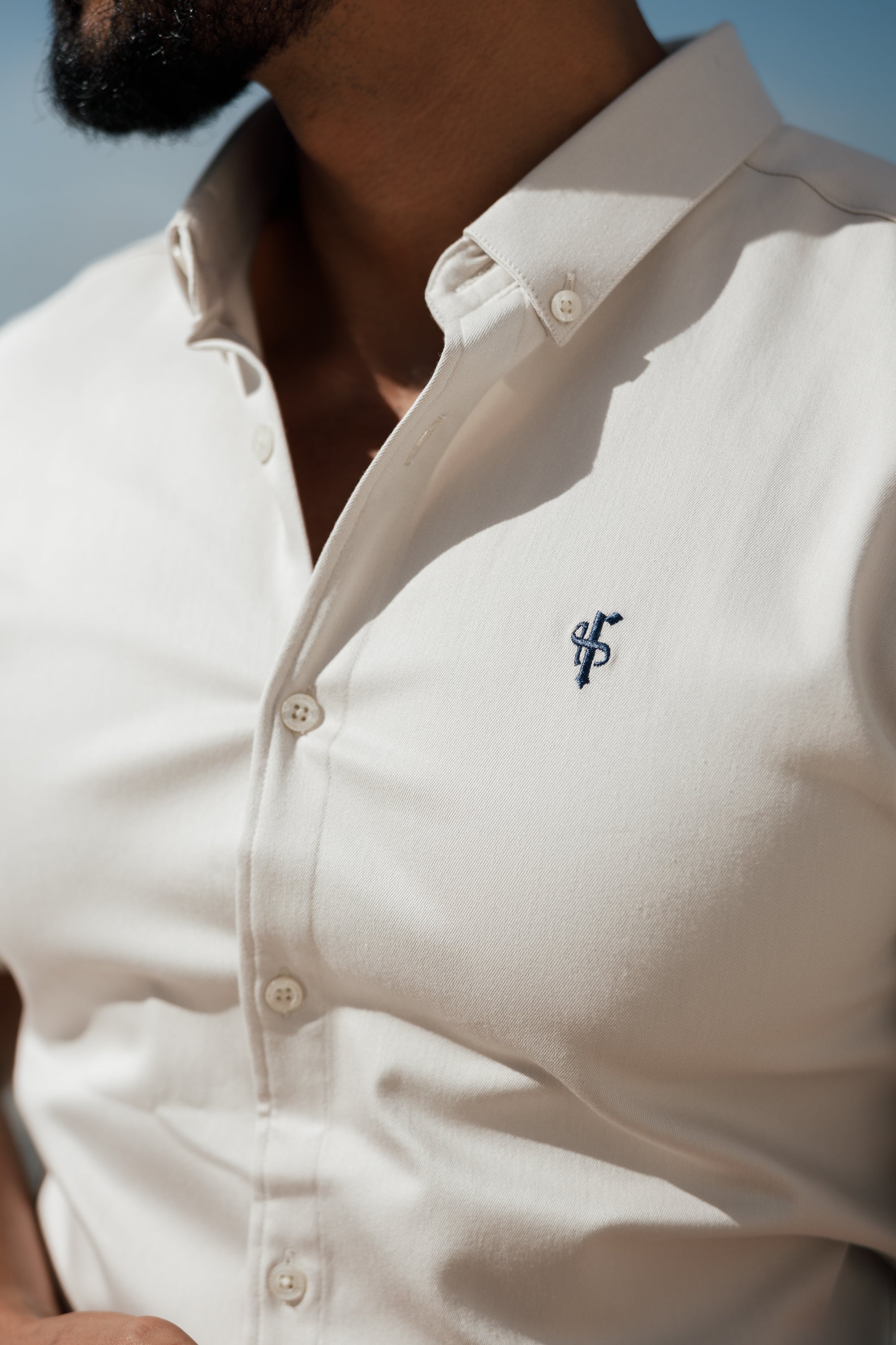 Super Slim Stretch Oatmeal Denim Short Sleeve With Button Down Collar - FS1025