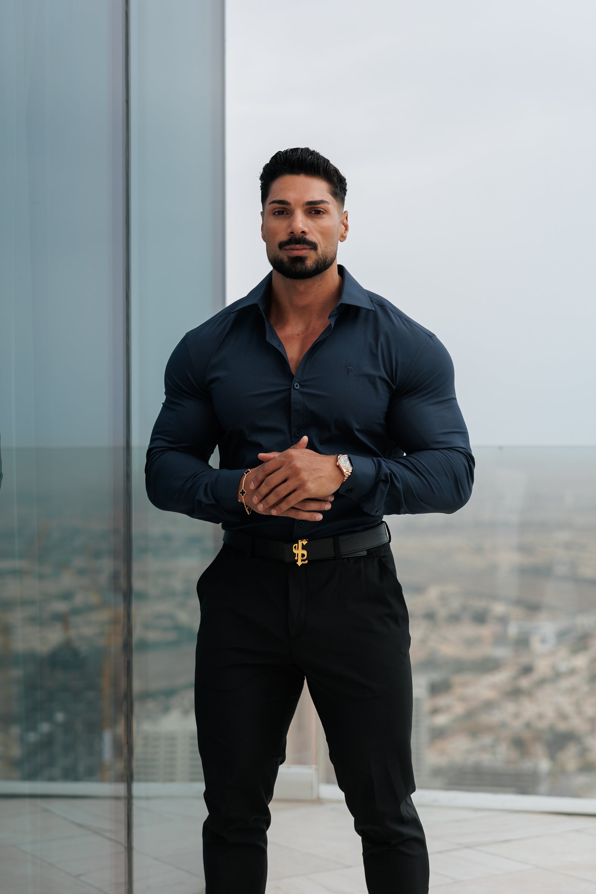 Muscle Fit Advanced Stretch Navy with Cutaway Collar  - FS1168