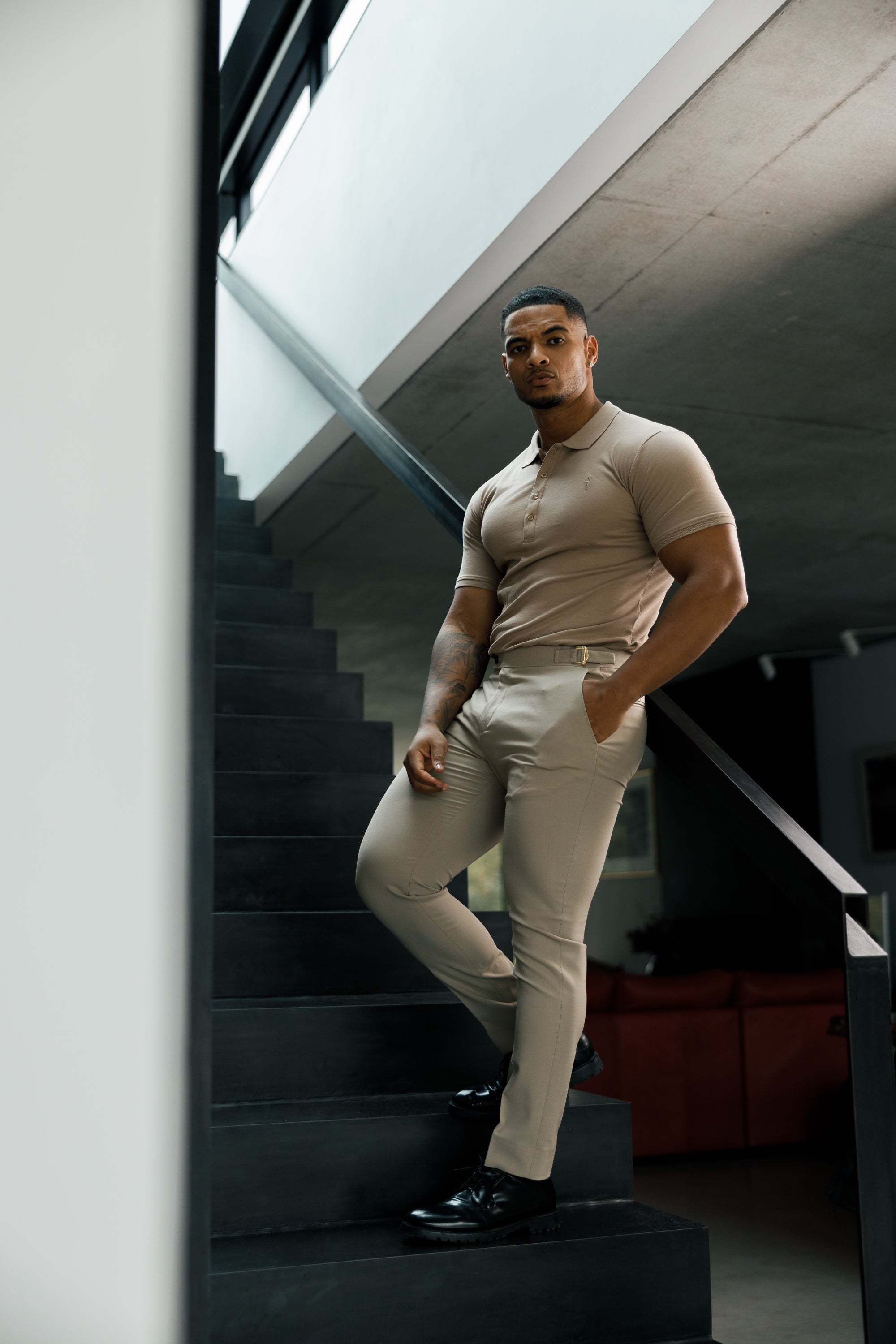 Slim Formal Beige Stretch Trousers With Gold Waist Adjusters - FST017