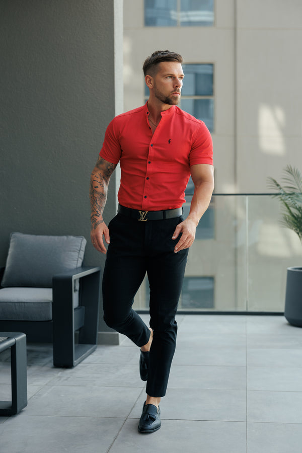 FS Super Slim Stretch Postbox Red Denim Short Sleeve with Grandad Collar - FS1141