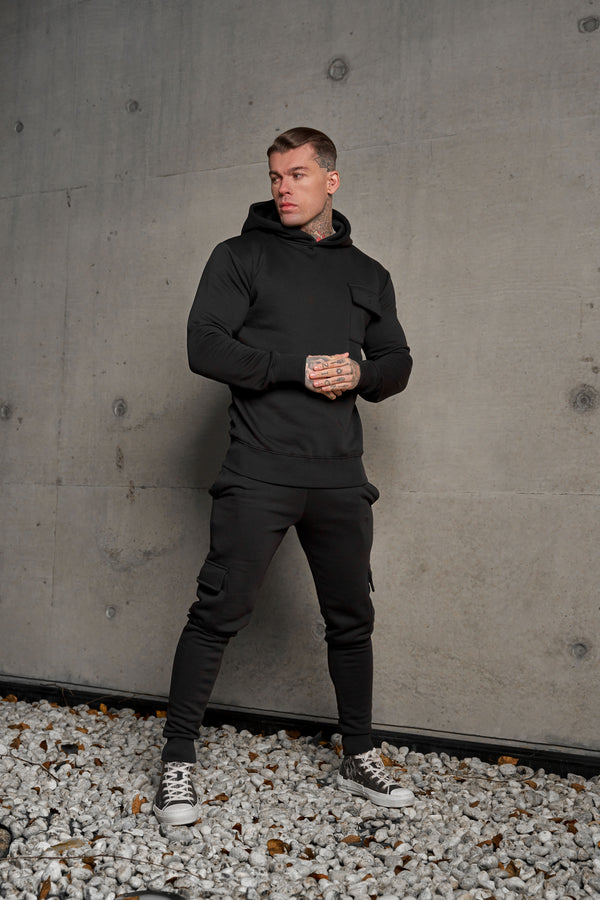 Father Sons Black Cargo Tracksuit Bottoms With Pockets, Cuffed Hem and FS Embroidery - FSH934