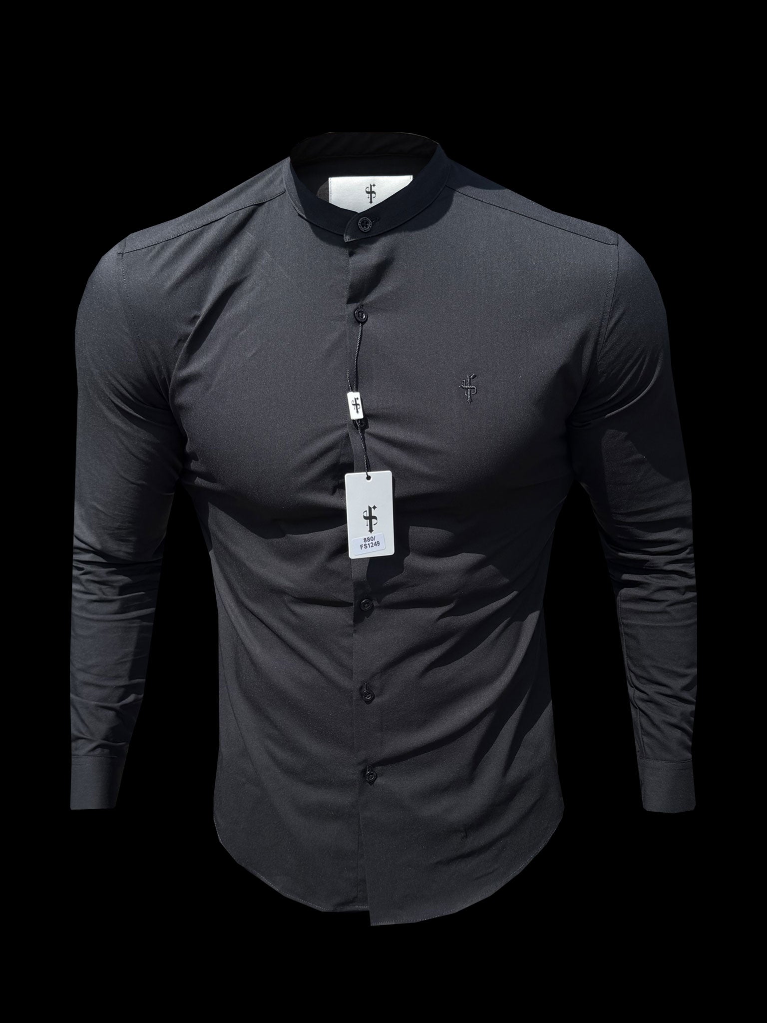 Apollo Classic Fit Stretch Black Grandad Collar Shirt  - FS1249