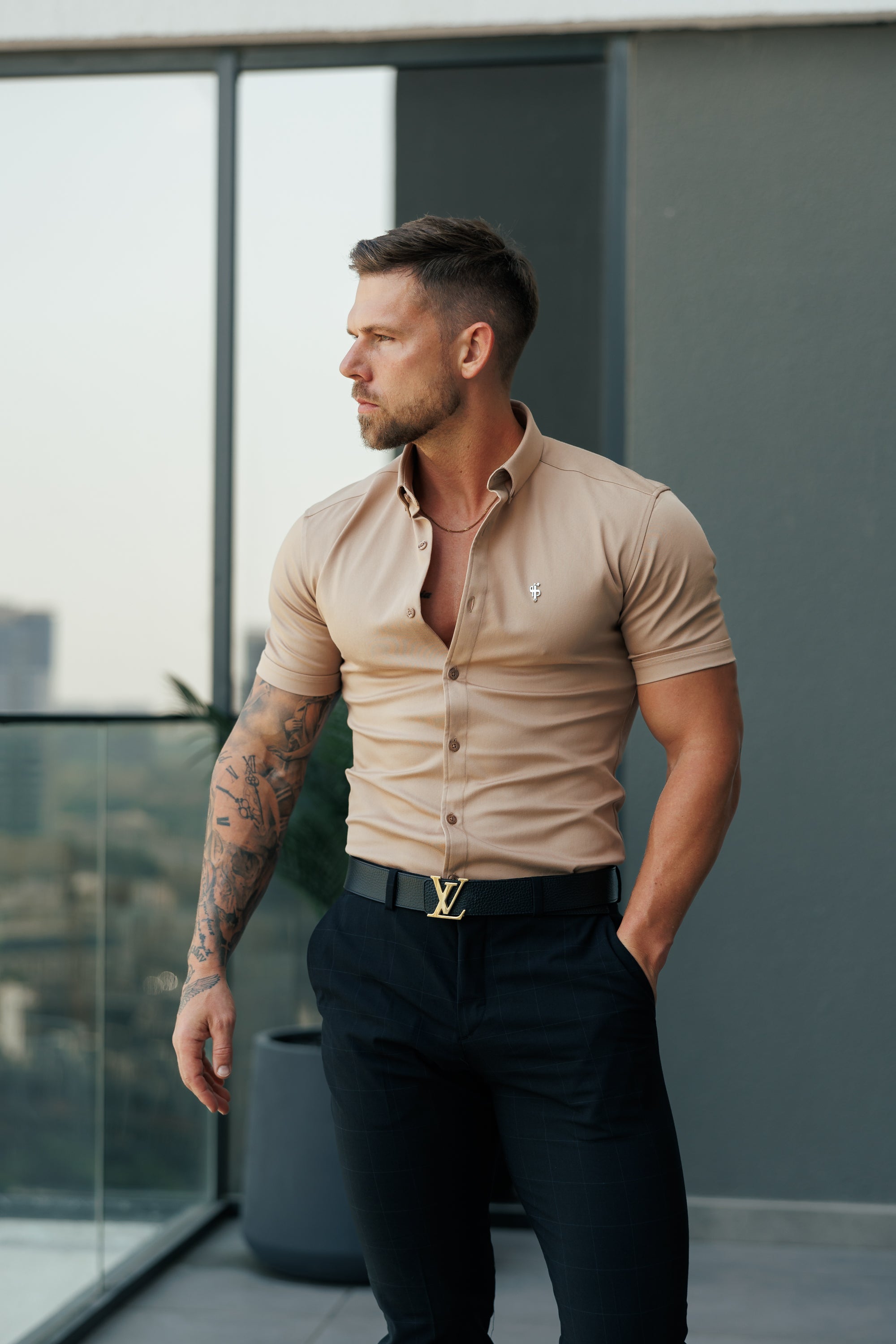 Super Slim Stretch Light Tan Denim Short Sleeve with Button Down Collar - FS1133