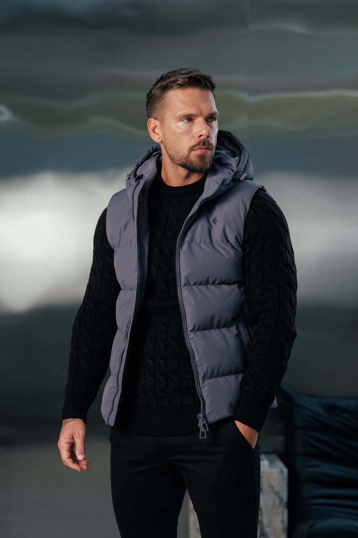 Charcoal Padded Hooded Gilet - FSN241 (PRE ORDER 24TH OCTOBER)