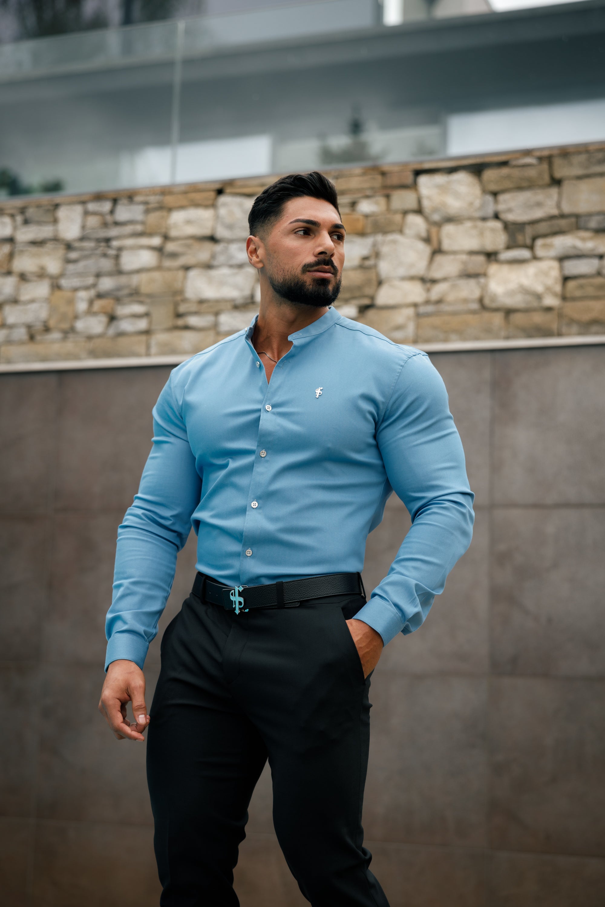 Super Slim Stretch Light Blue Denim Long Sleeve Grandad collar with Metal Buttons and Decal Emblem - FS717