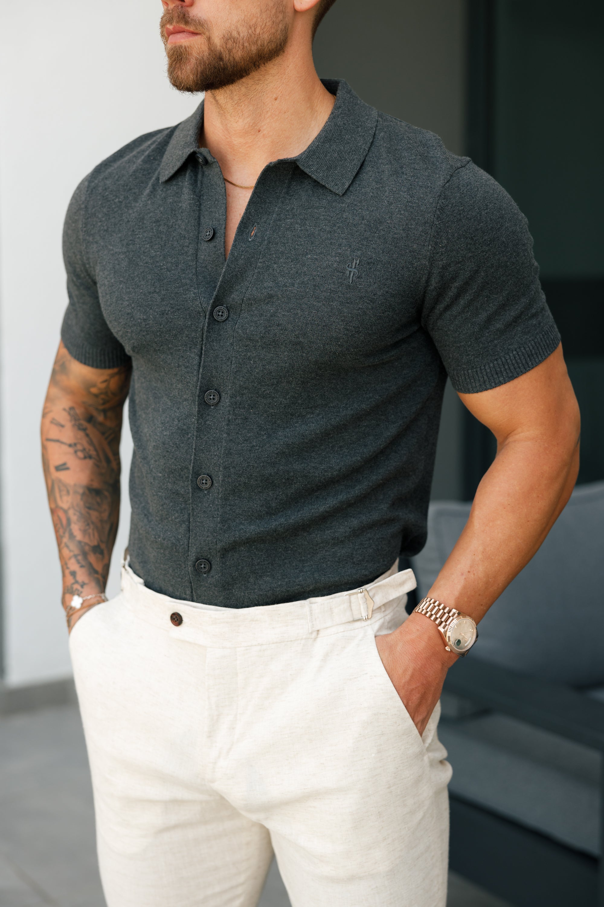 Classic Plain Charcoal Knitted Button Through Polo Short Sleeve - FSN160