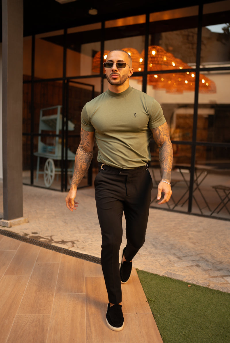 Father Sons Ribbed High Neck Crew T-Shirt Short Sleeve Khaki / Black - FSH1116