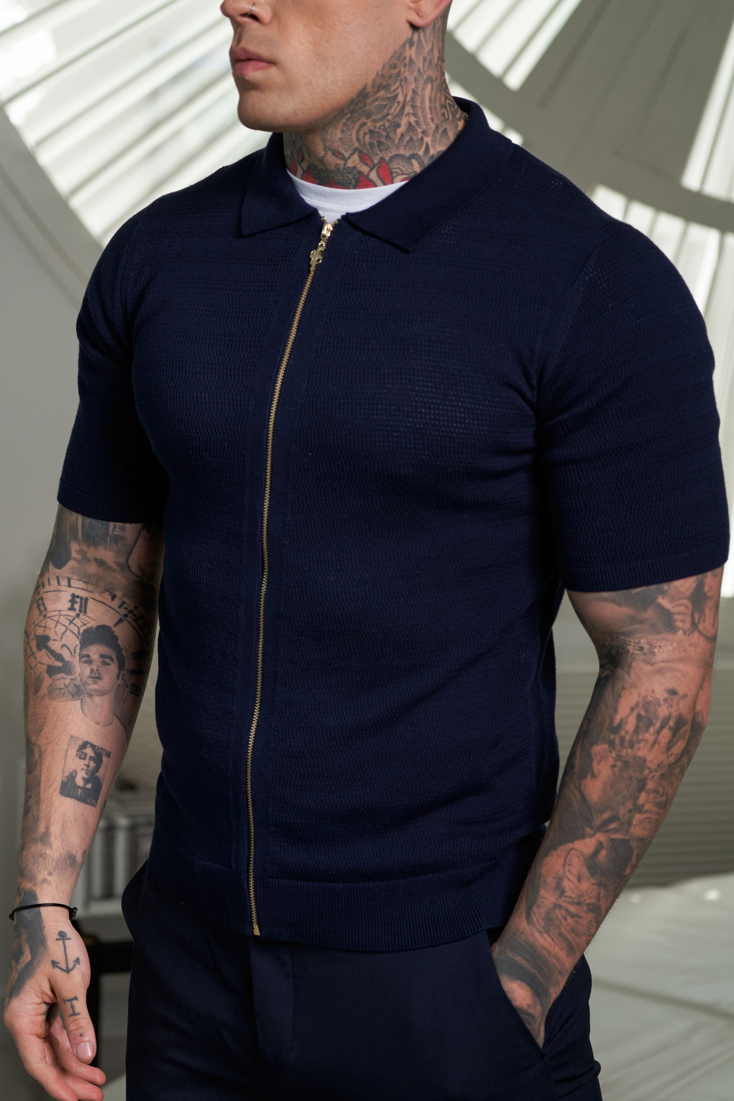 Classic Knitted Textured Design With Full Length Zip Navy Short Sleeve - FSN153