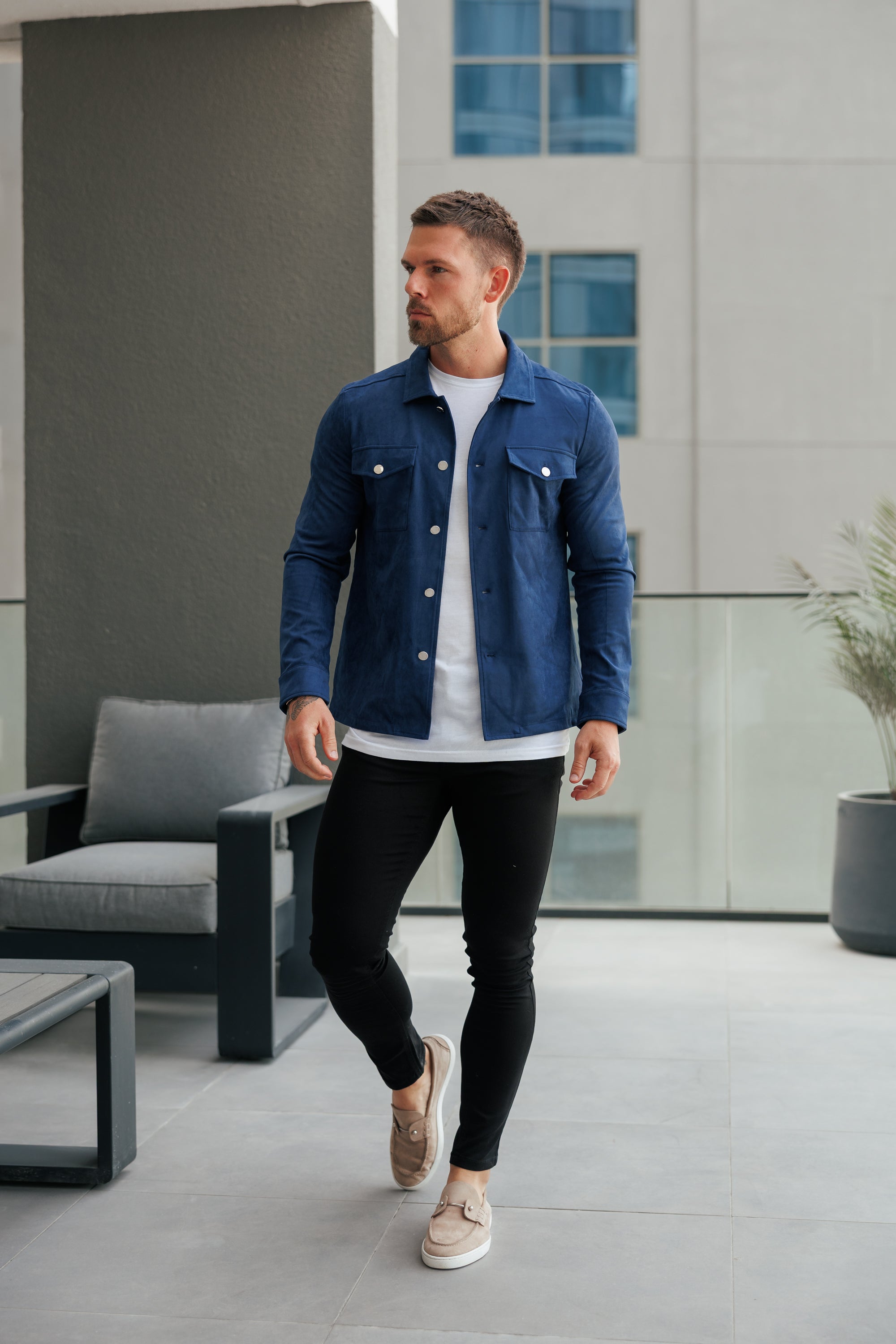 Suede Feel Button Up Jacket Navy / Silver - FSN221