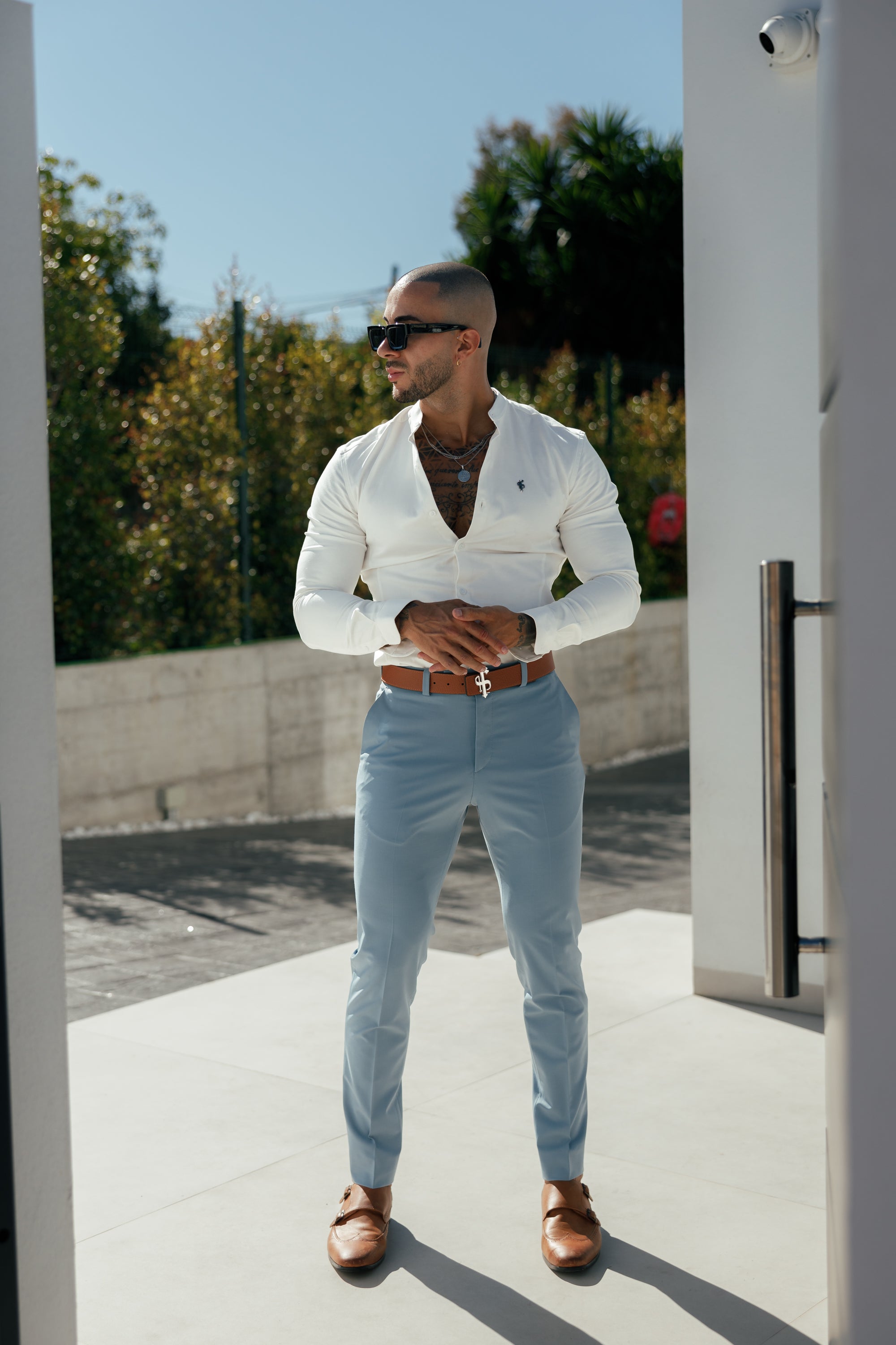 Super Slim Stretch Off White Side Panel Shirt Grandad Collar LS - FS1091