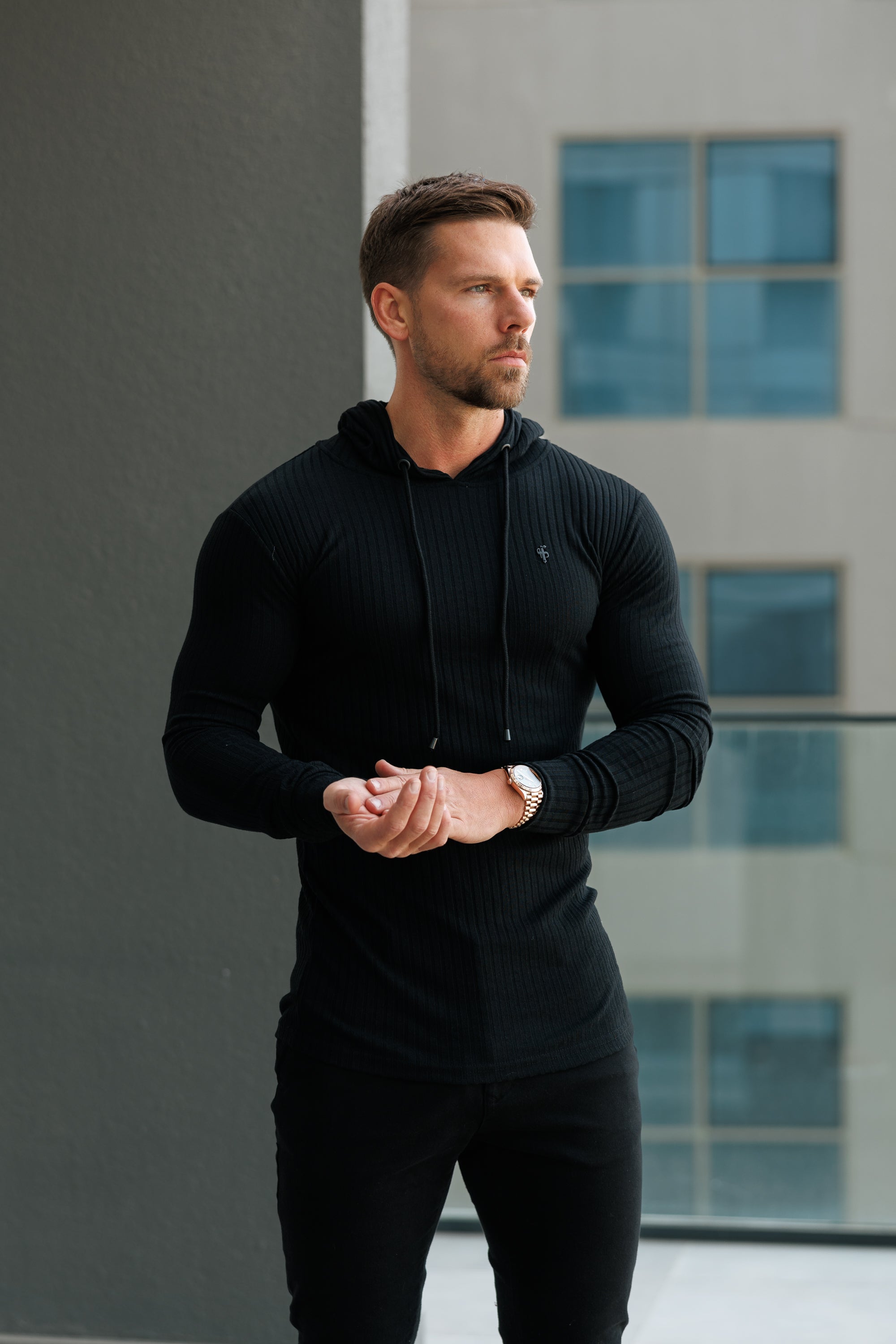 Classic Black Ribbed Knit Hoodie Jumper With Black Emblem - FSH1307