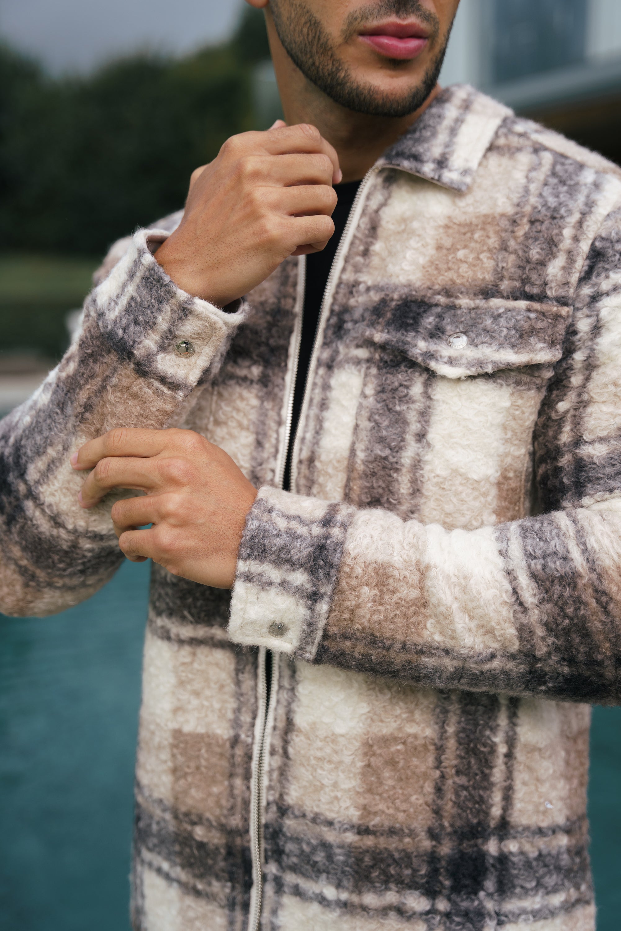 Boucle Zipped Check Jacket Taupe - FSN155
