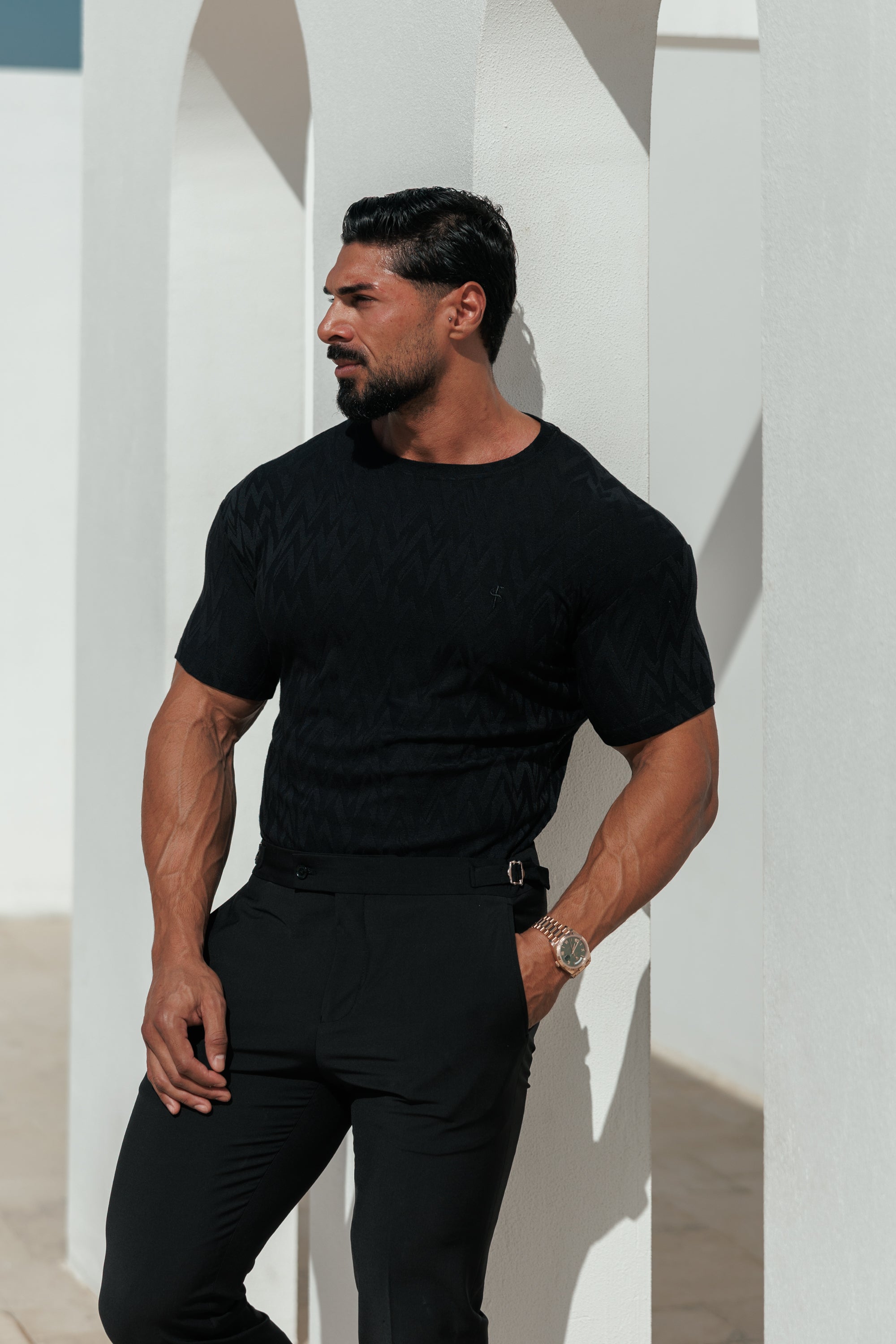 Regular Fit Jacquard Black Chevron T-Shirt - FSR046