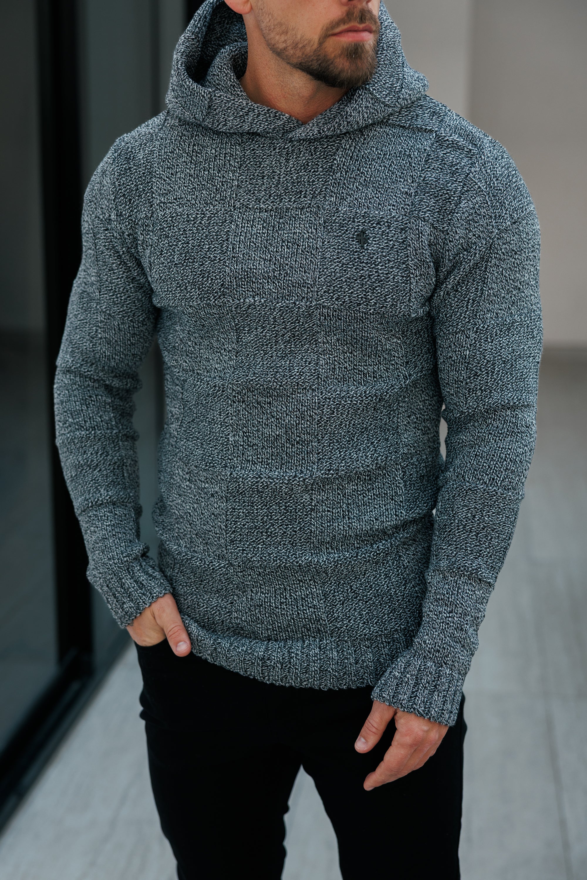 Black / White Two Tone Checkerboard Knitted Hoodie - FSJ134