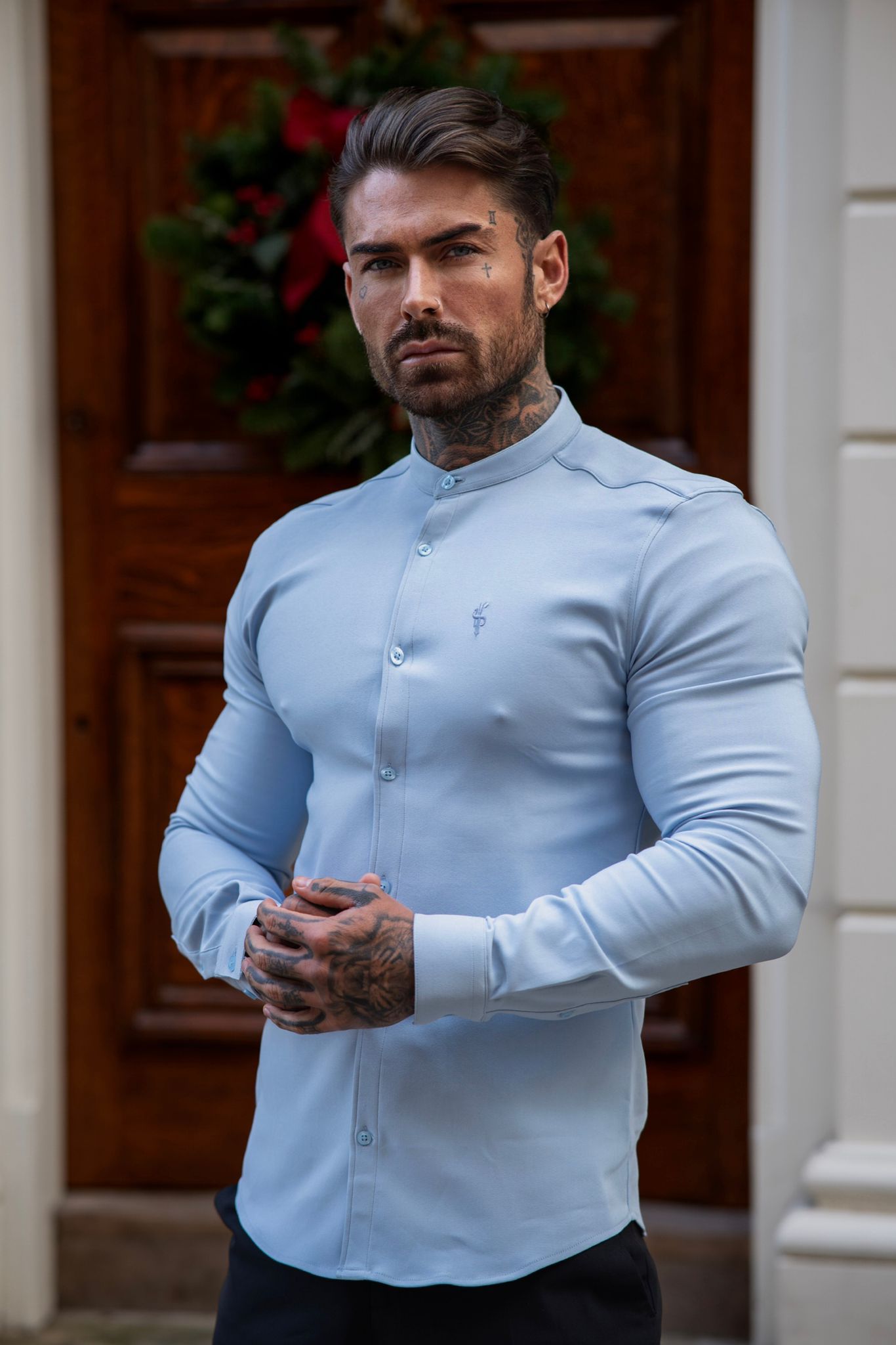 Super Slim Scuba Light Blue Long Sleeve Stretch With Grandad Collar - FS1002