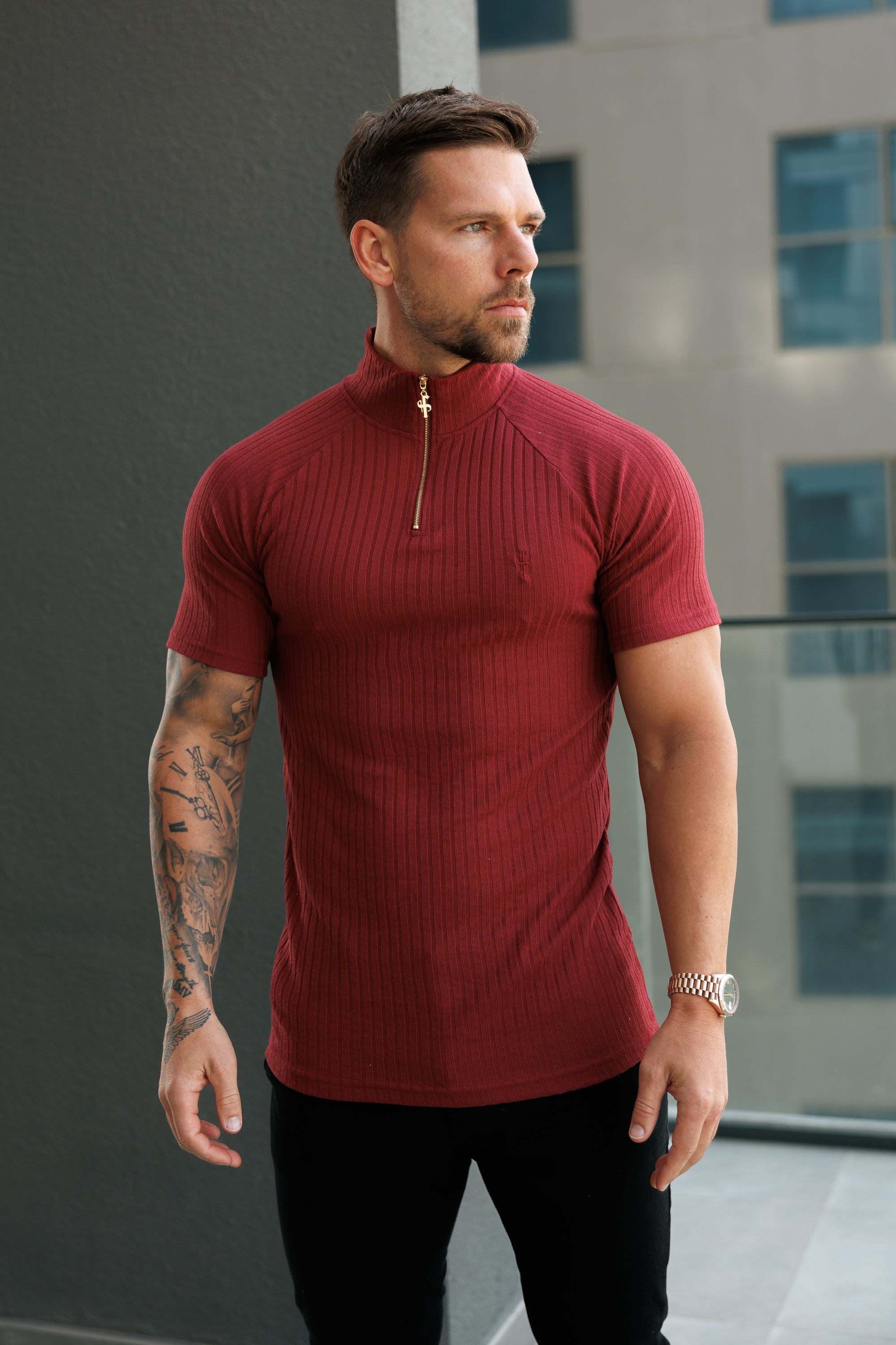 Classic Burgundy Ribbed Zip Funnel Neck Raglan Short Sleeve Crew - FSH1293
