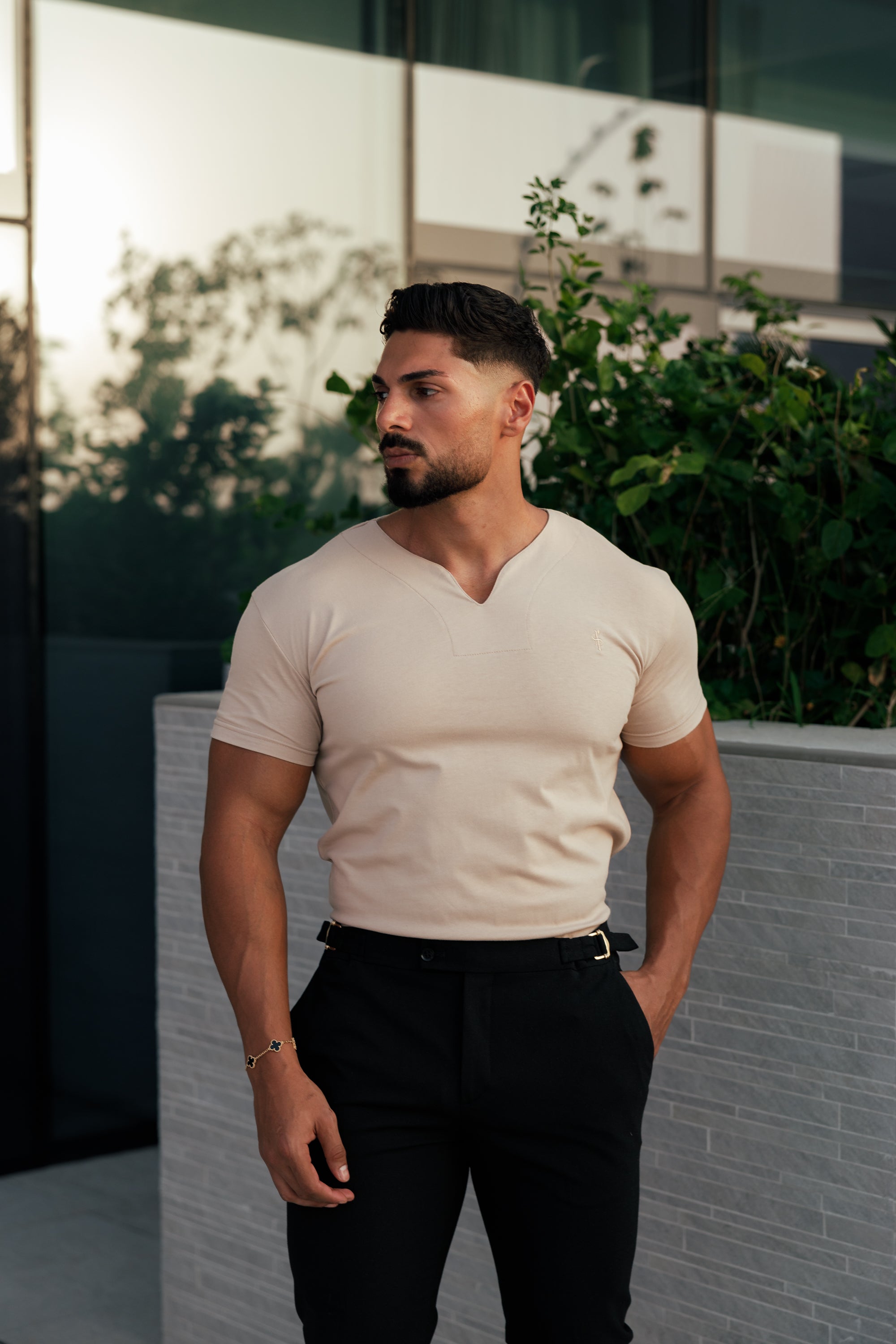 Advanced V Neck Crew Short Sleeve Beige - FSH1016