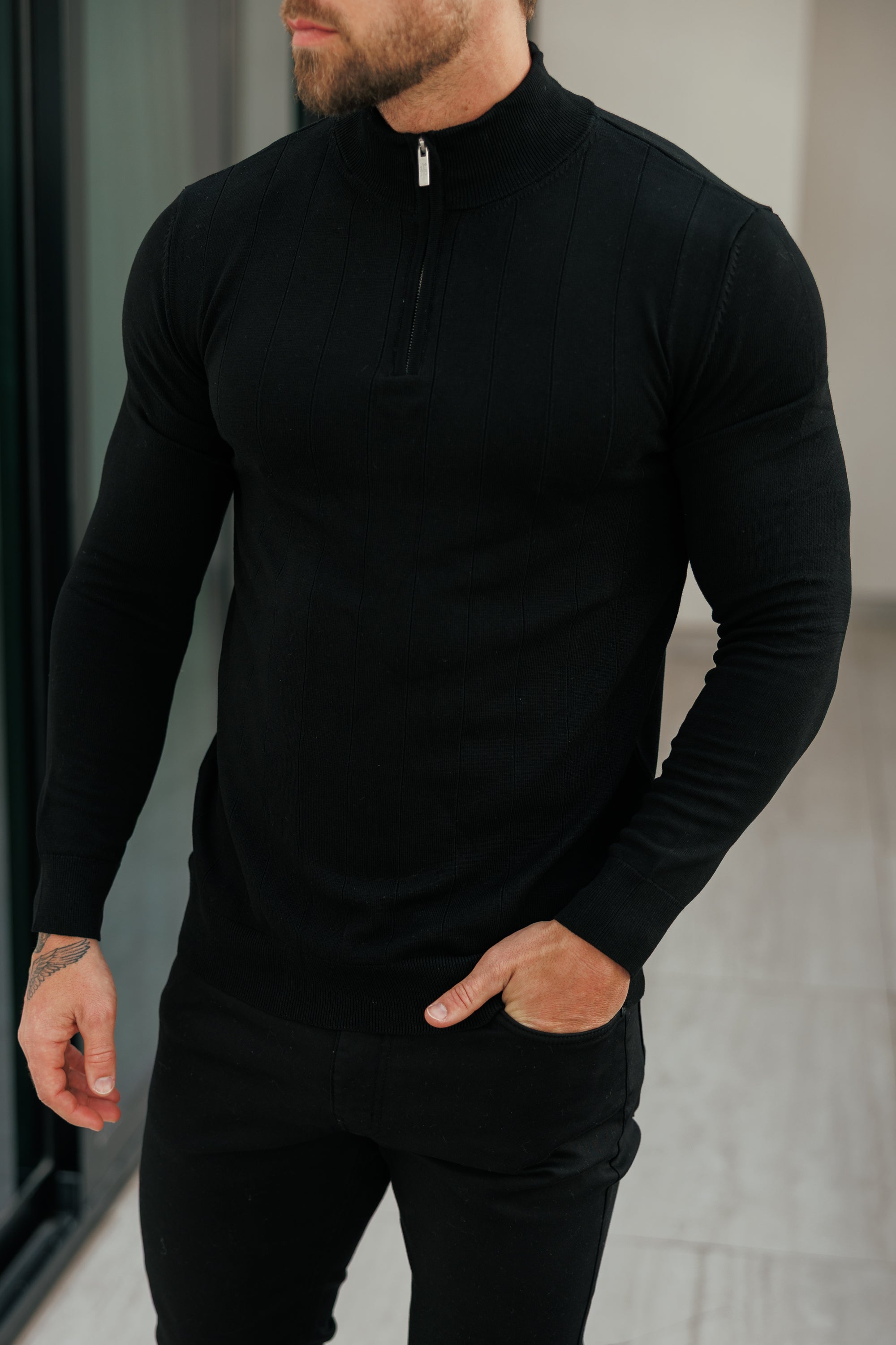 Self Stripe 1/4 Zip Funnel Neck Knit Jumper Black Long Sleeve  -  FSR050