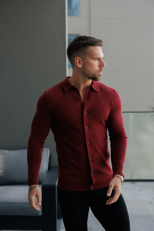 Father Sons Classic Plain Burgundy Knitted Button Through Polo Long Sleeve - FSN214