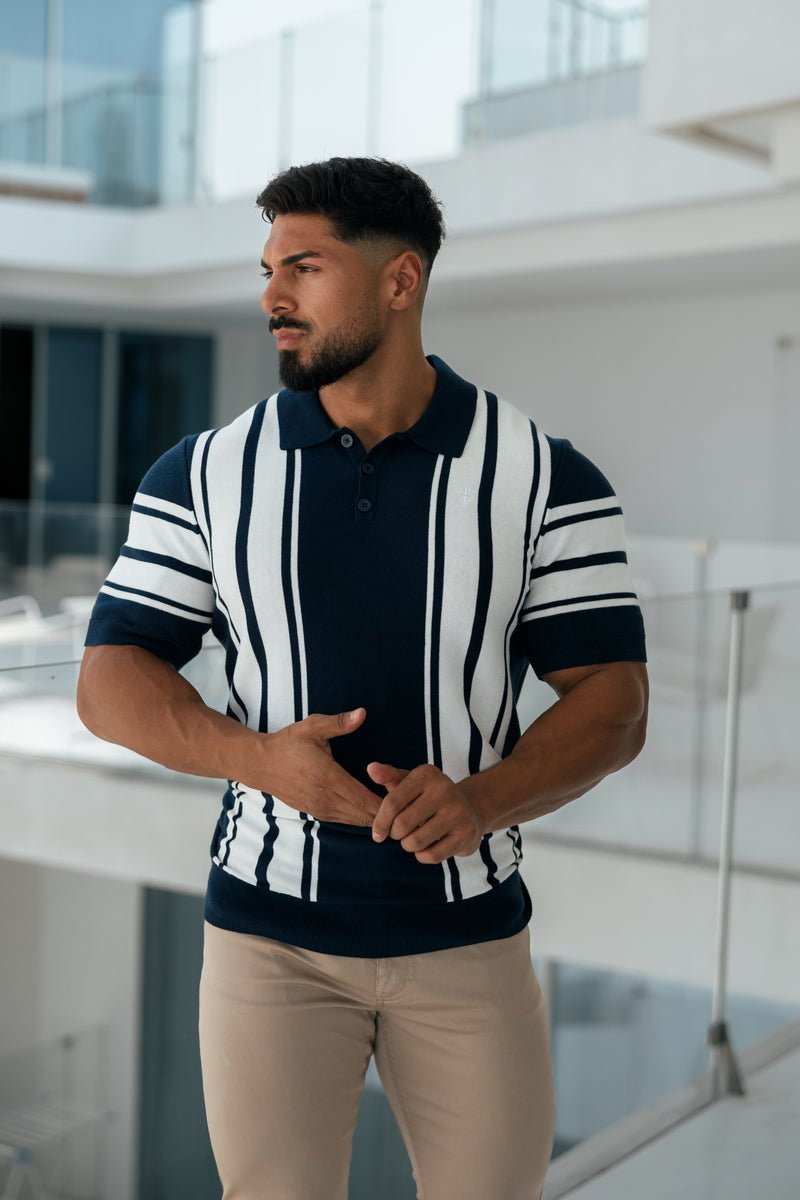 Father Sons Classic Navy / Off White Knitted Vertical Stripe Polo Shor
