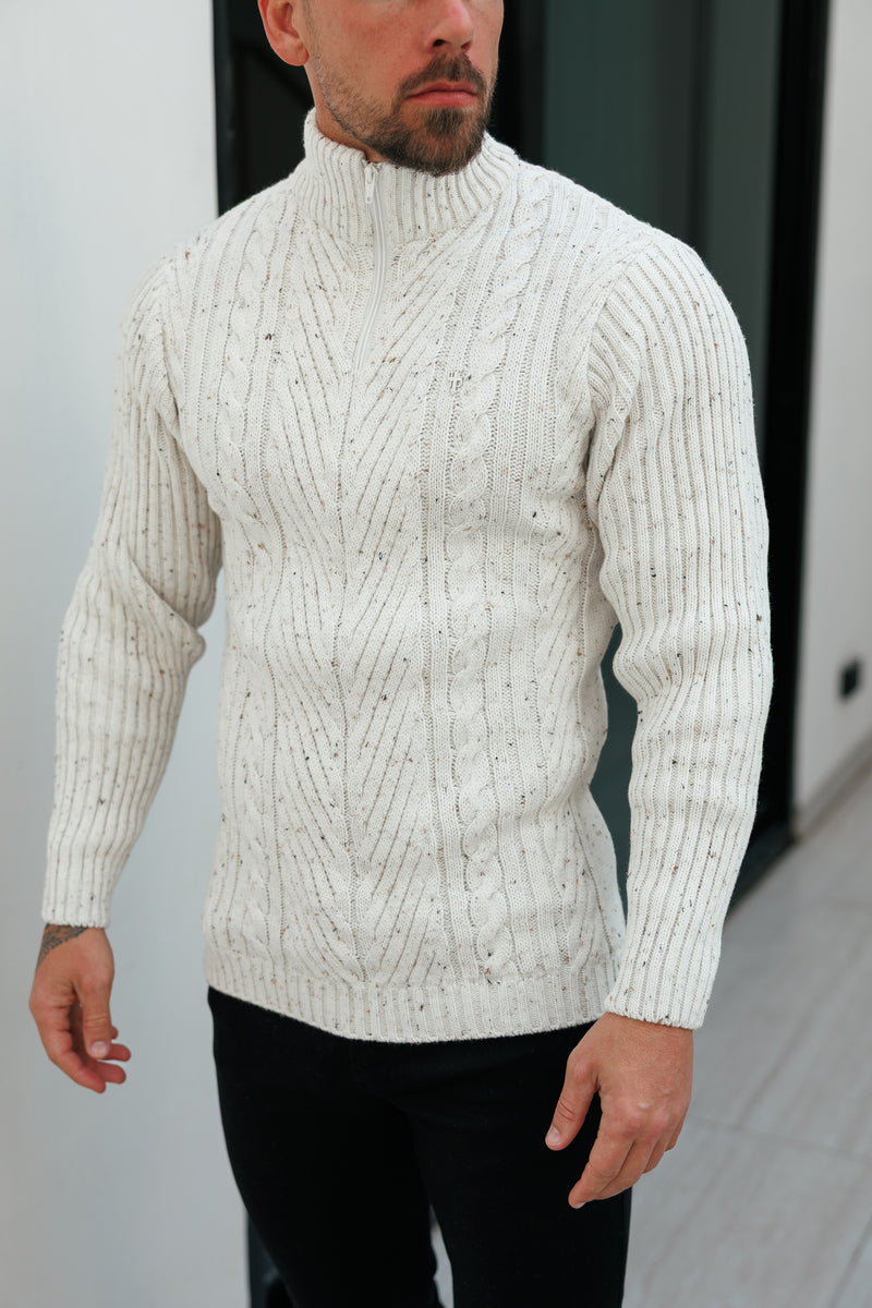 FS Funnel Neck Jumper with Quarter Zip Beige Fleck - FSJ156  (PRE ORDER 29TH DECEMBER)