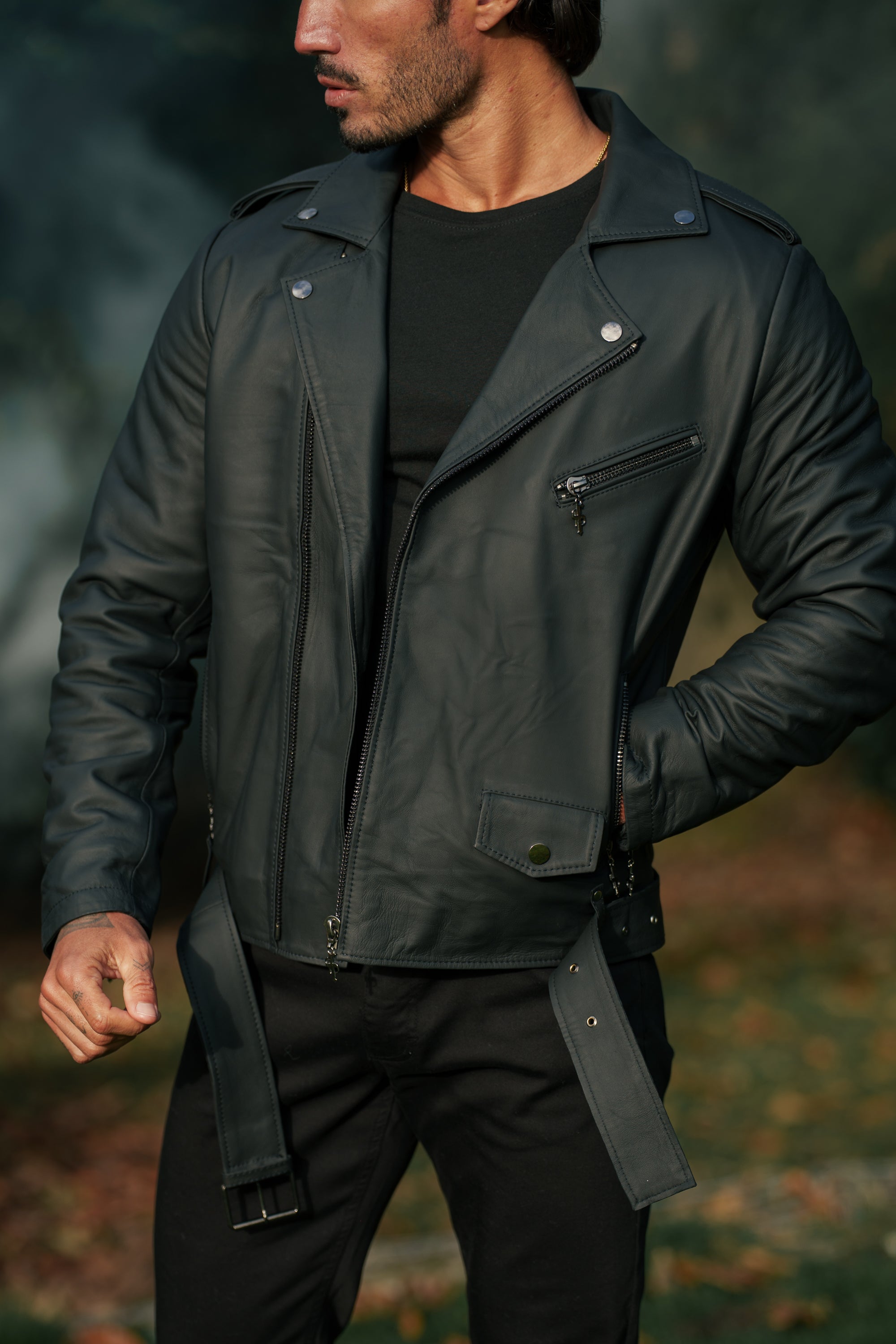 Black Leather Jacket with Belt Detail - FSH313