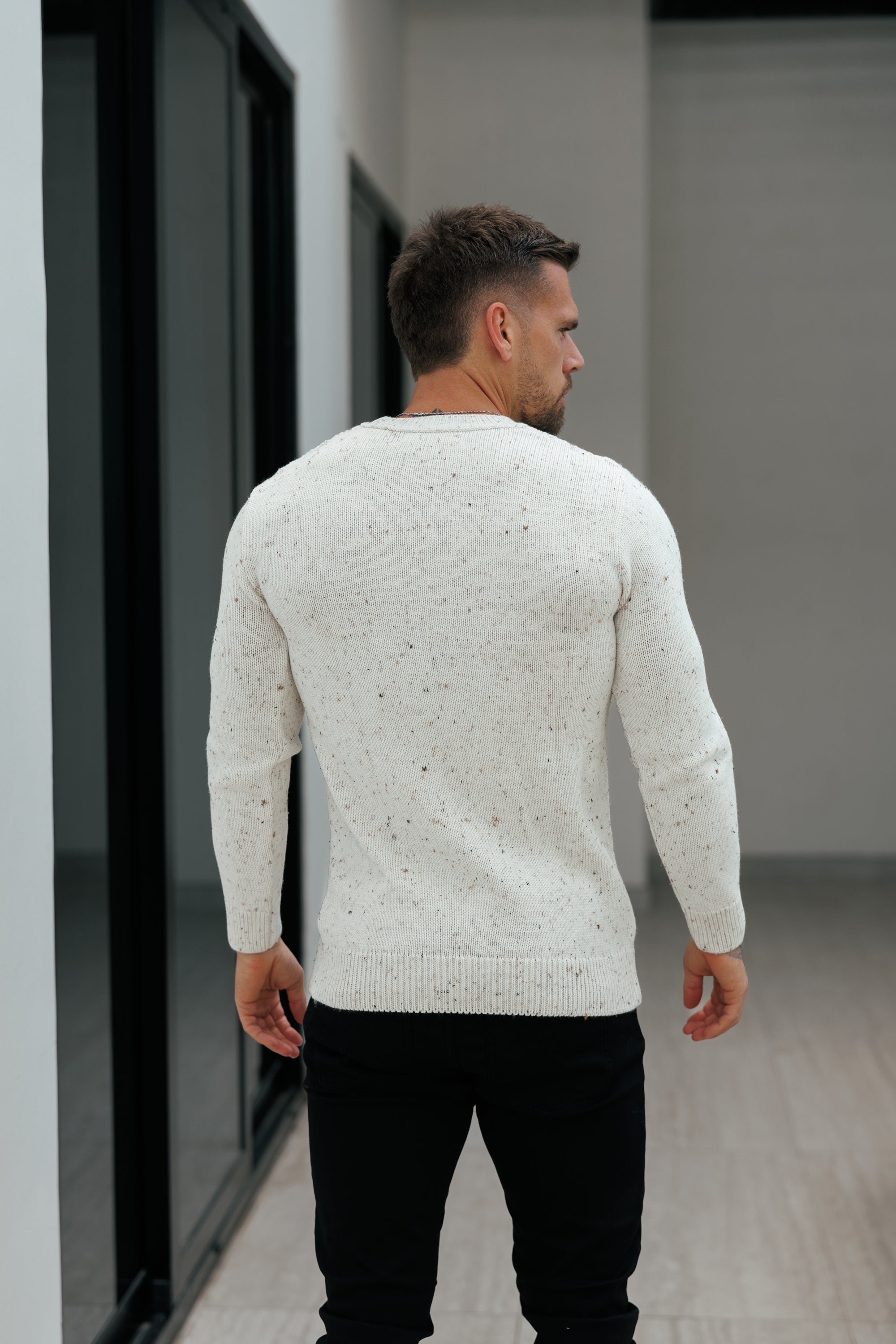 Chevron Front Beige Fleck V Neck Jumper - FSJ153