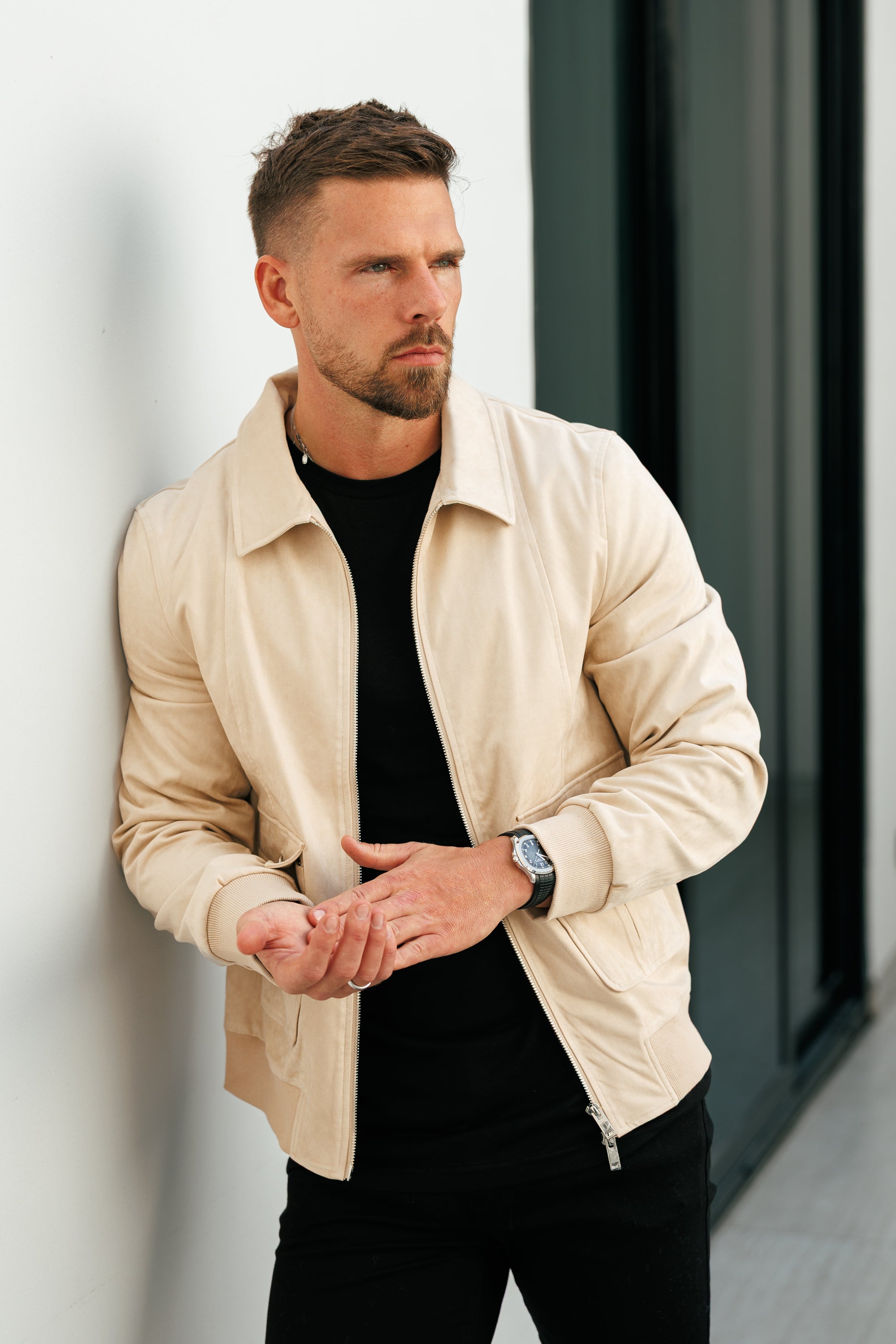 Suede Feel Beige Bomber Jacket - FSN228