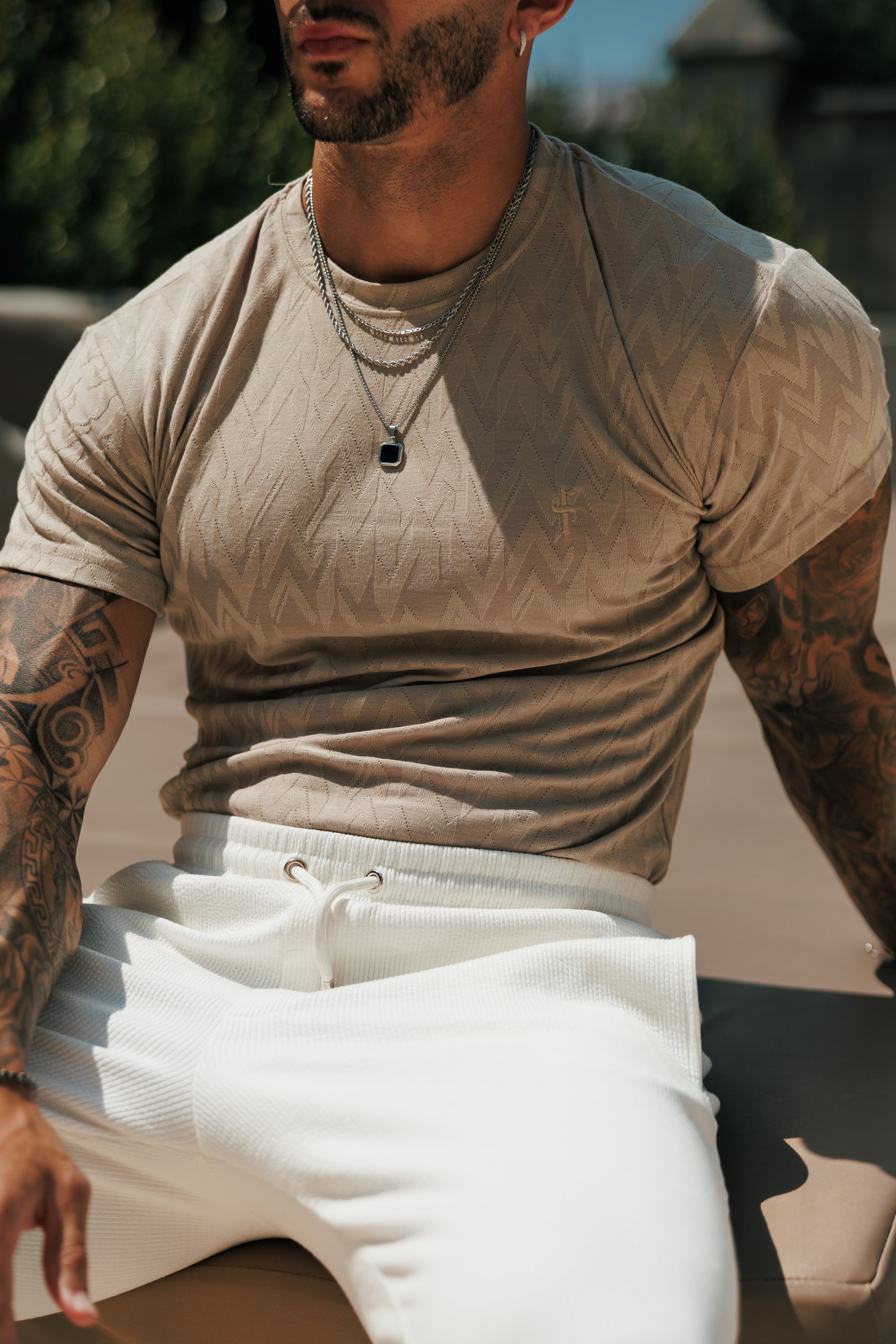 Regular Fit Jacquard Light Beige Chevron T-Shirt - FSR067