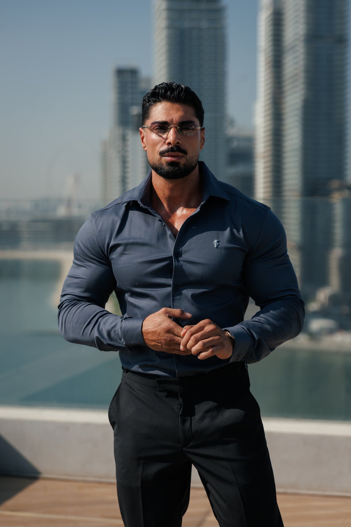 Super Slim Stretch Gunpowder Denim Long Sleeve with Silver Metal Decal and Cutaway Collar - FS1315