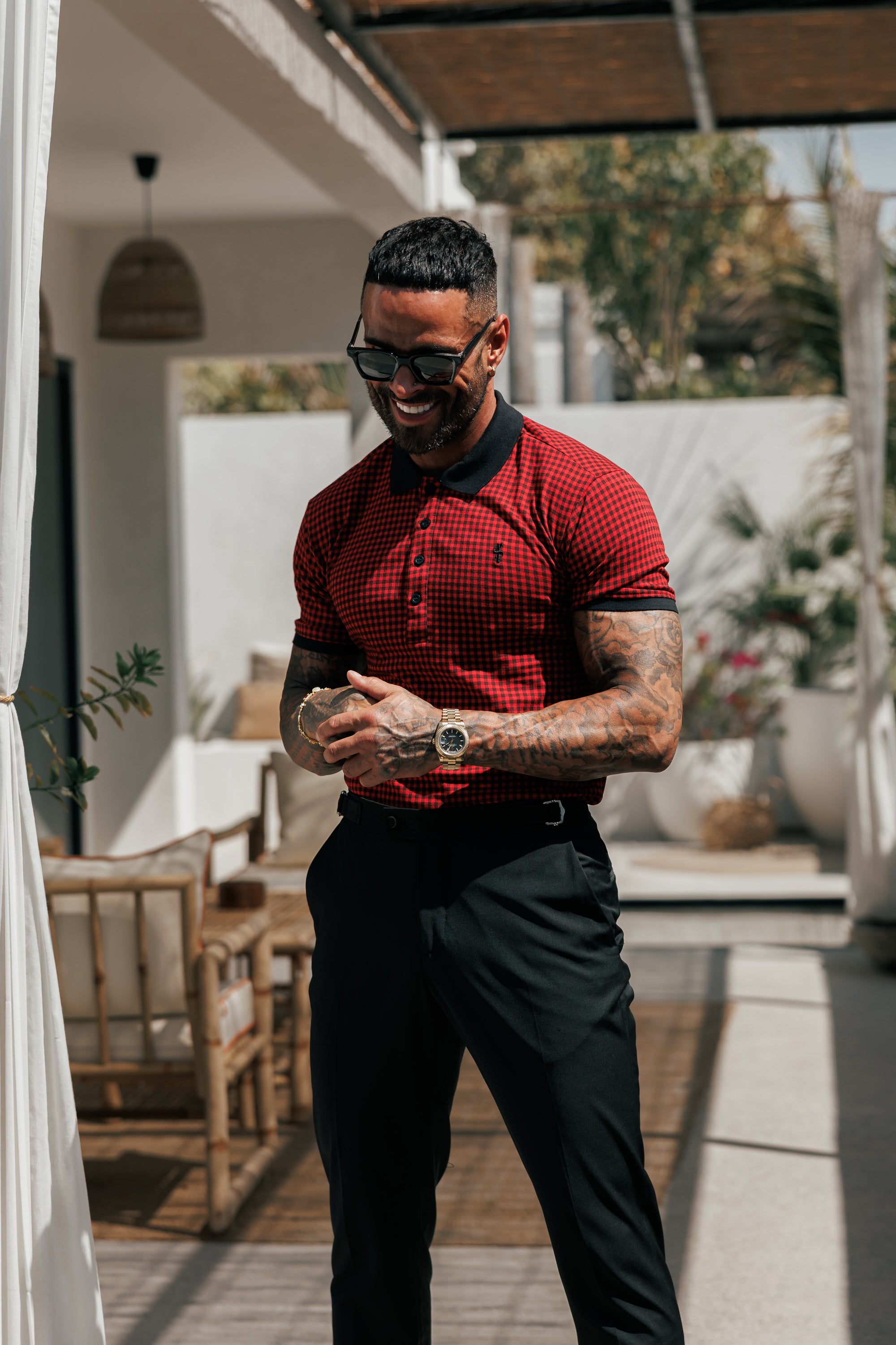 Black / Red Printed Check Polo Shirt - FSH1259