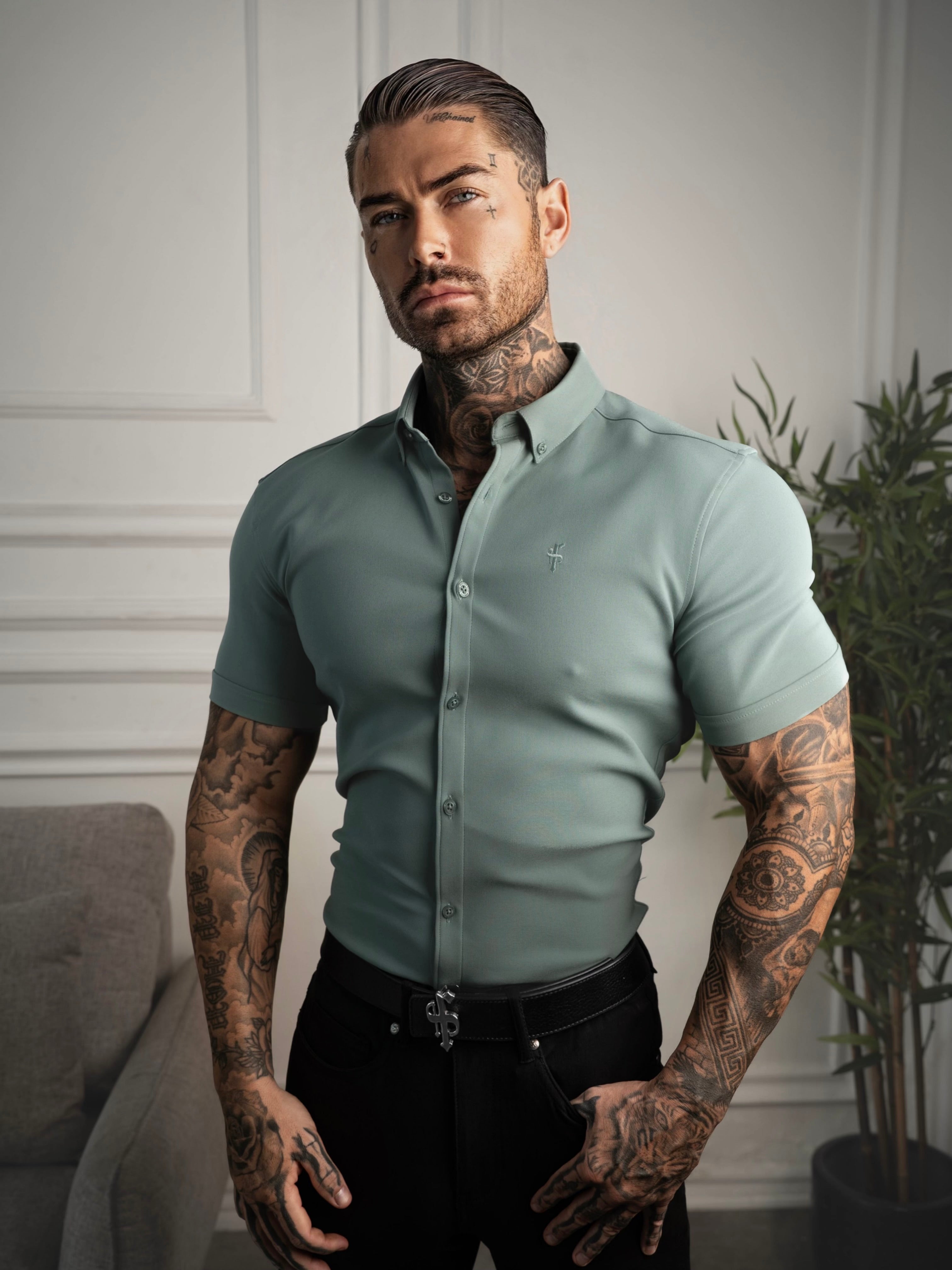 Super Slim SS Olive Scuba with Button Down Collar - FS1190