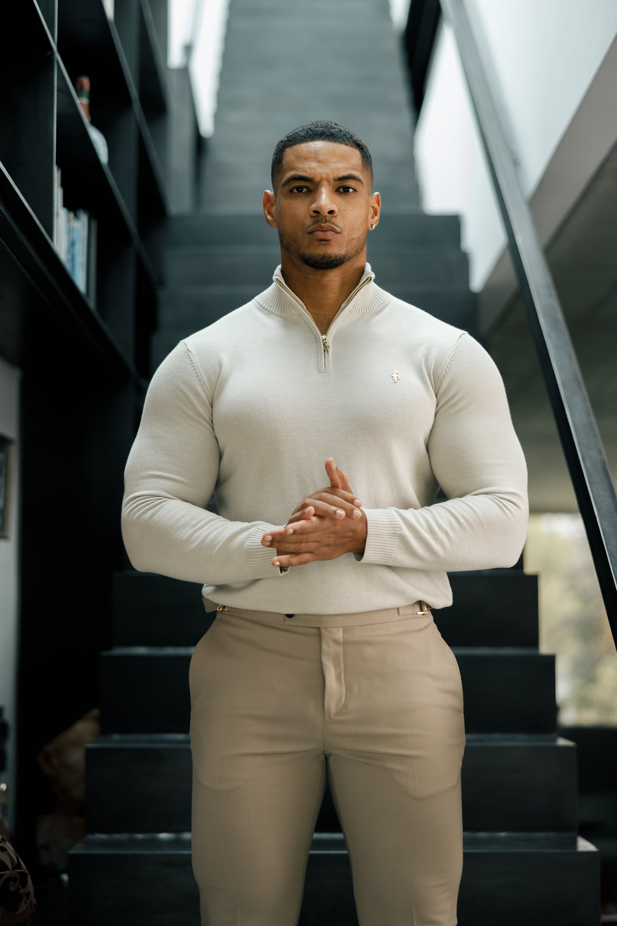 Beige Funnel Neck 1/2 Zip Knitted Jumper - FSN118