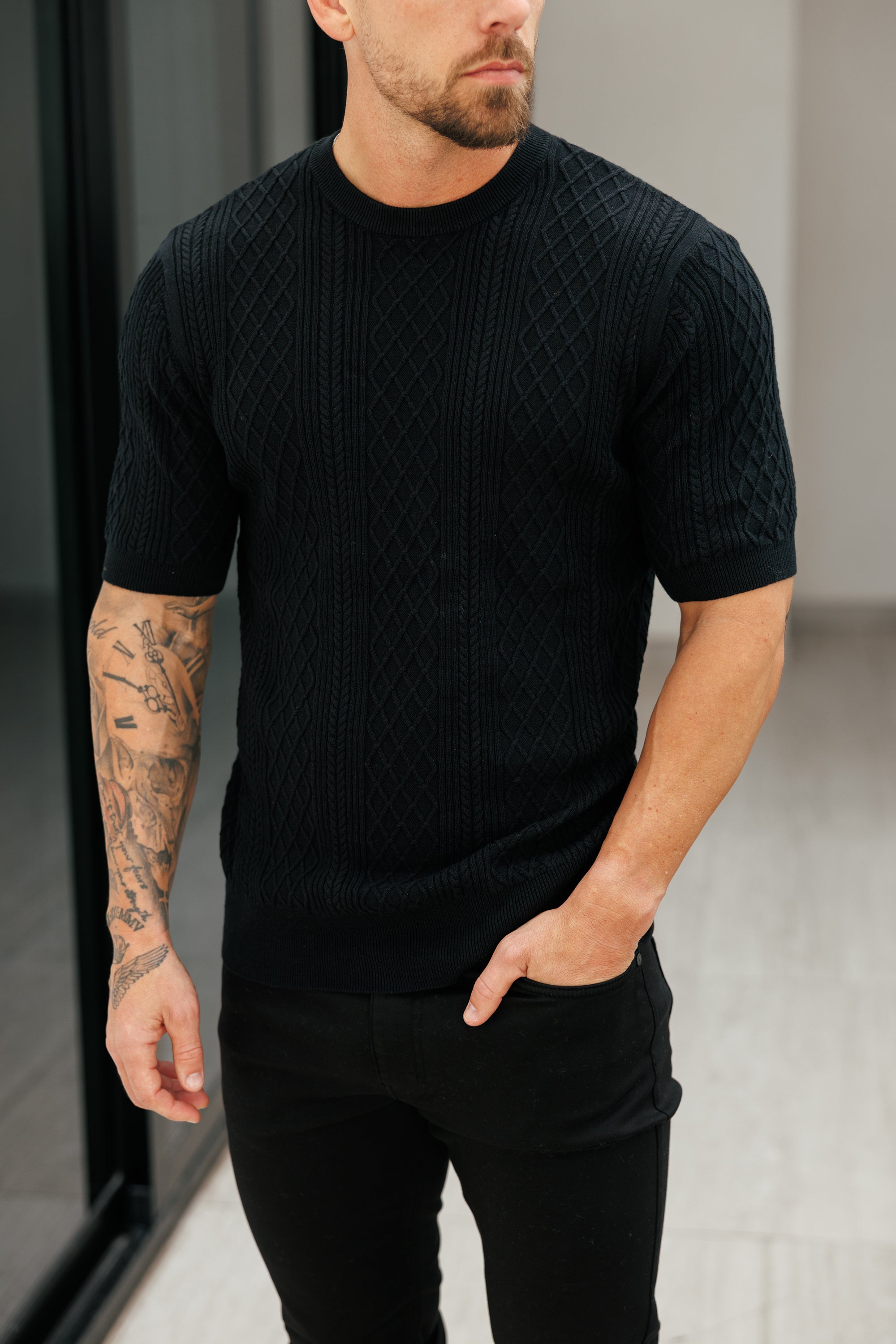 Fine Knit Diamond Black Jumper Short Sleeve - FSA010