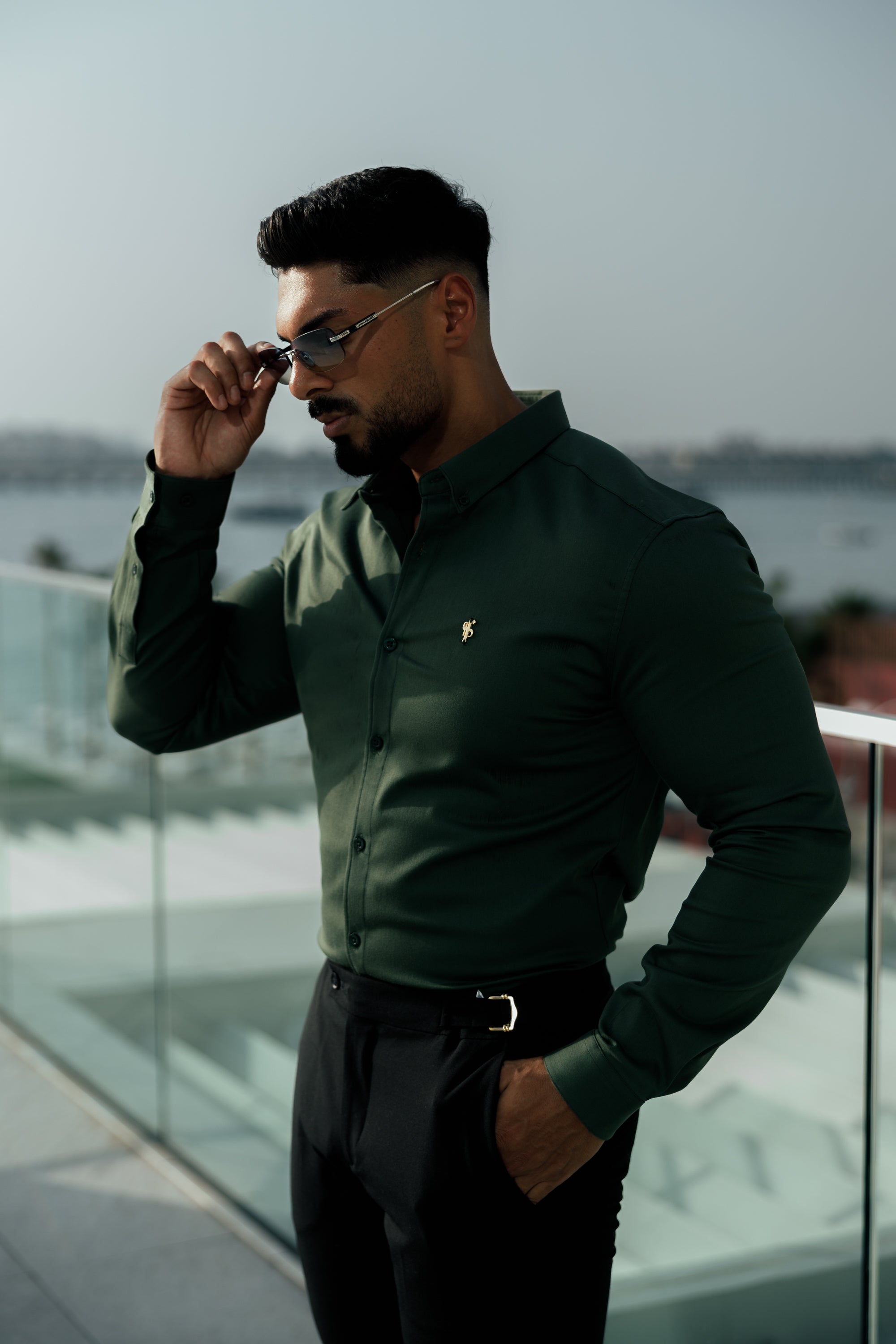 Super Slim Stretch Khaki Denim Long Sleeve with Gold Metal Decal and Button Down Collar - FS1044