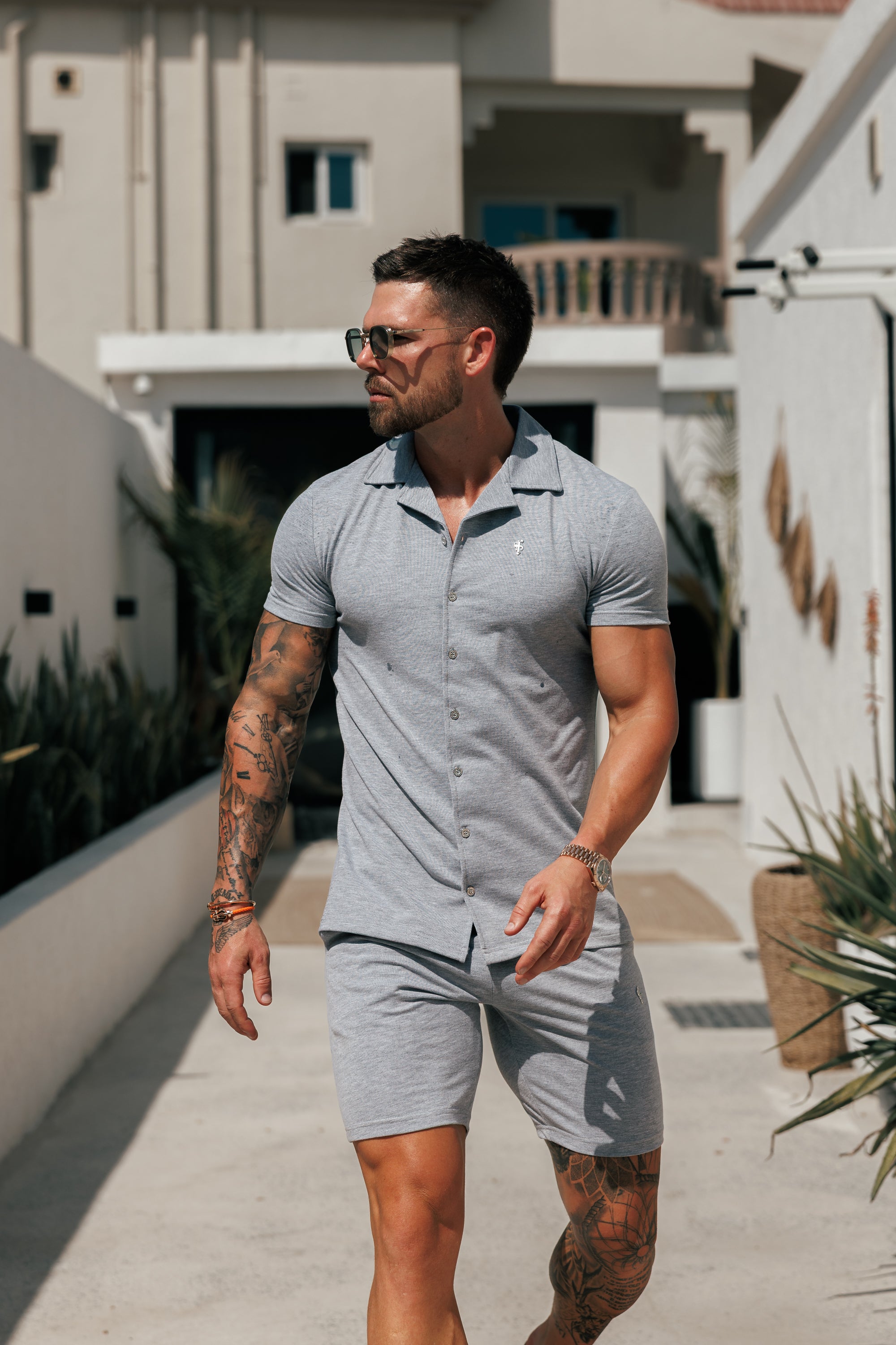 Stretch Light Grey / Silver Pique Revere Shirt Short Sleeve - FSH1357
