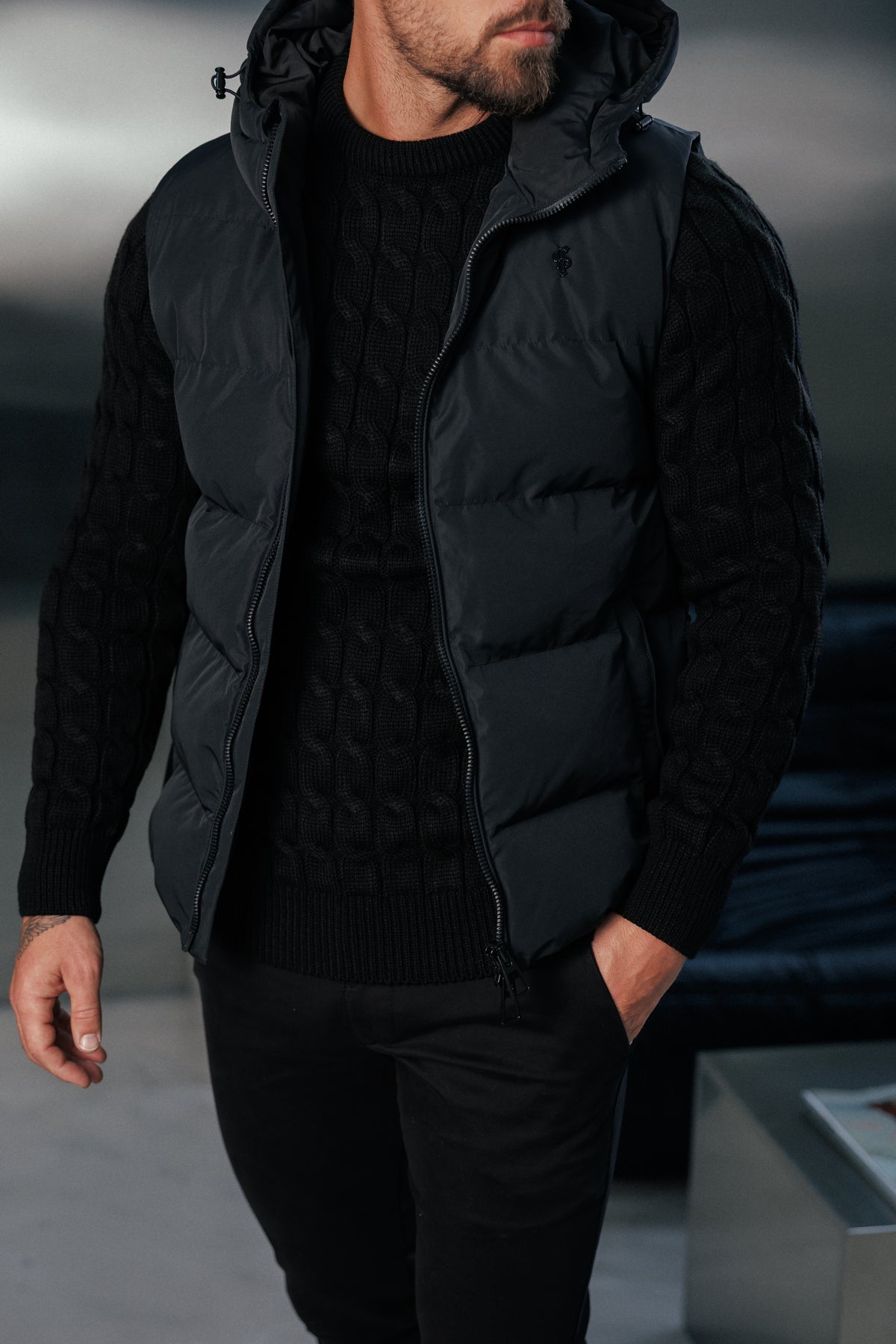 Black Padded Hooded Gilet - FSN235 (PRE ORDER 24TH OCTOBER)