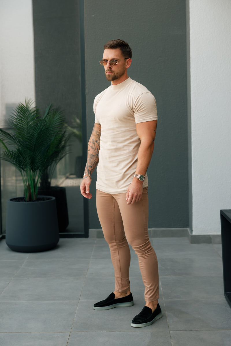 FS Ribbed High Neck Crew Short Sleeve Beige - FSH1141