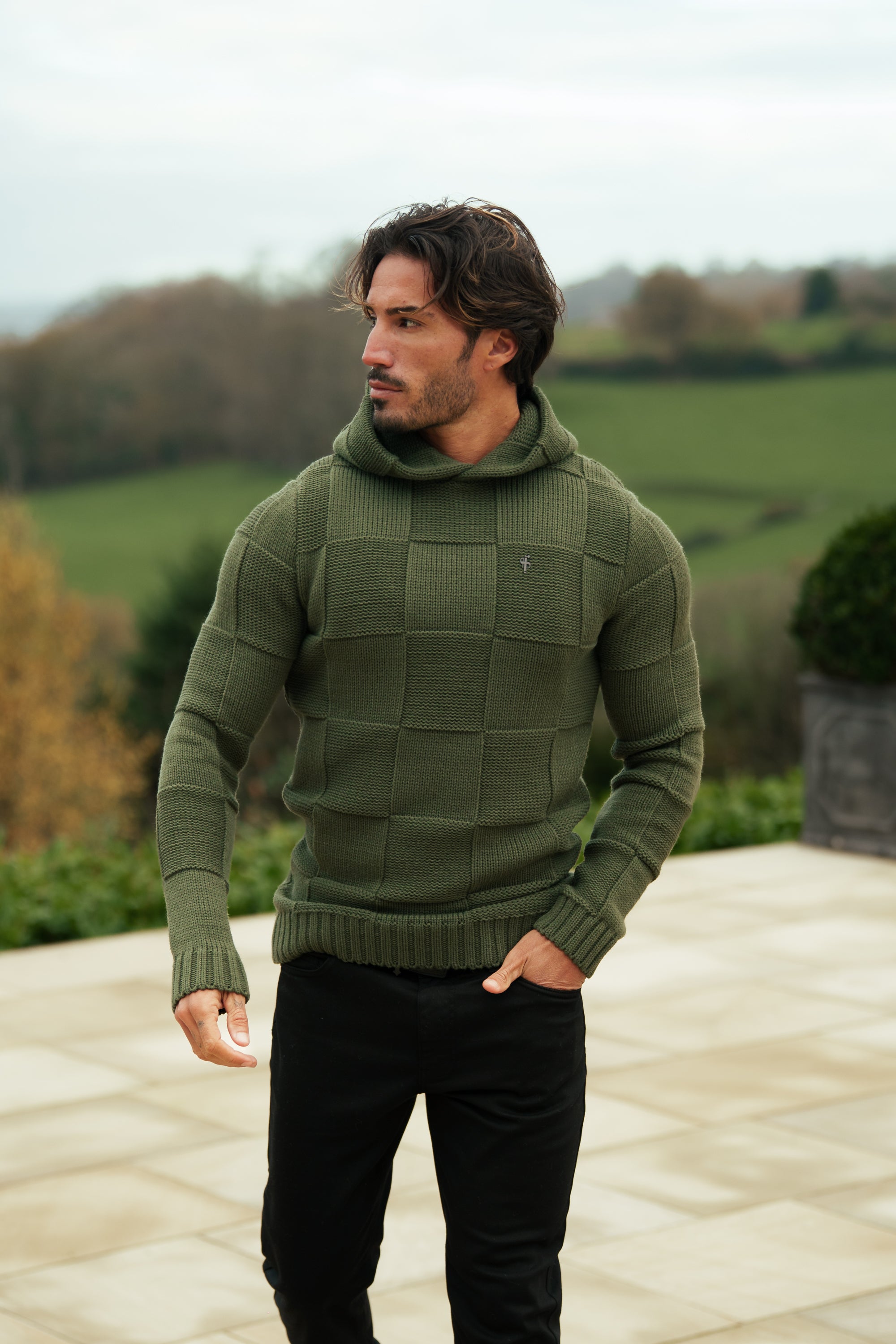 Olive Checkerboard Knitted Hoodie - FSJ137