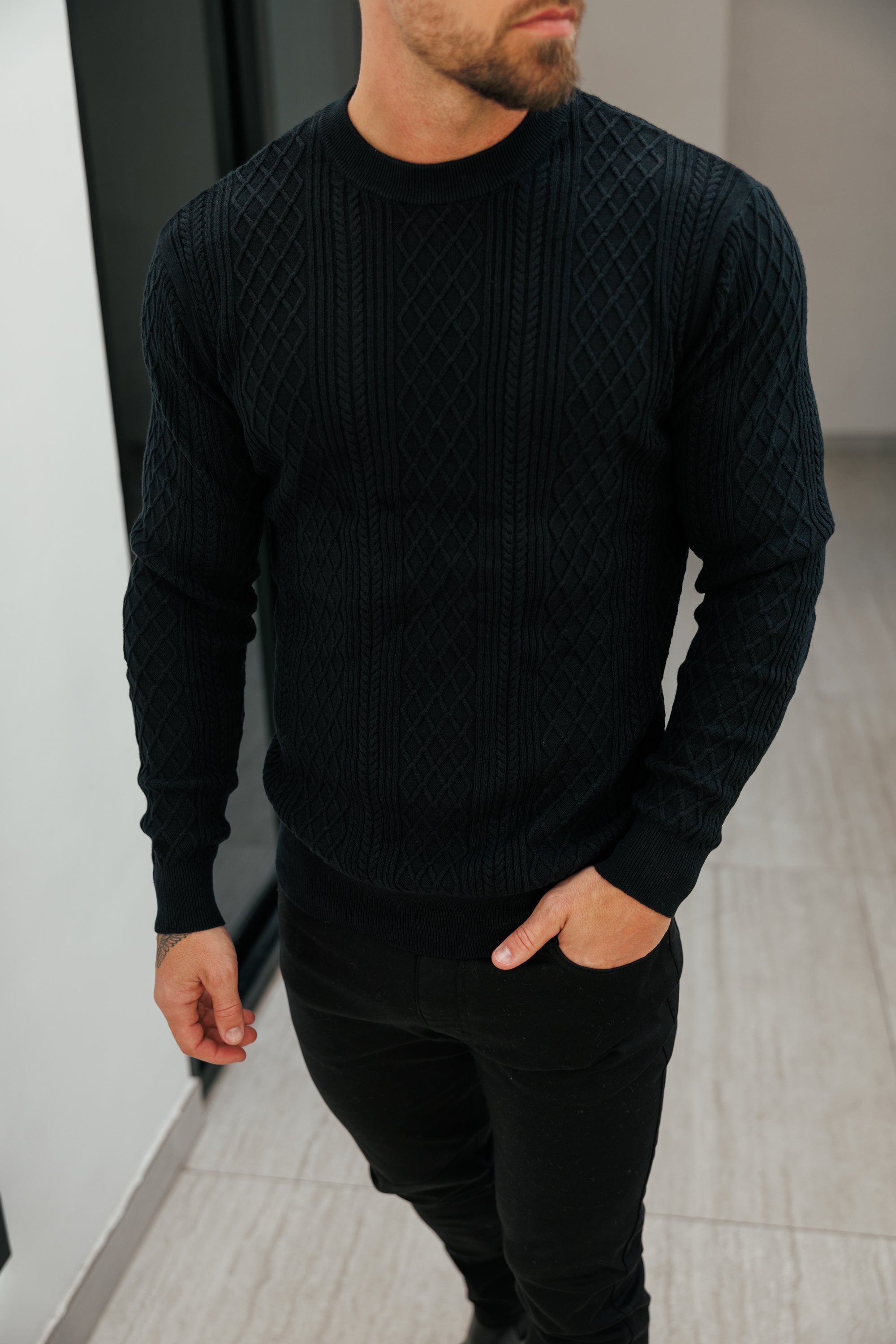 Fine Knit Diamond Black Jumper Long Sleeve  -  FSA006