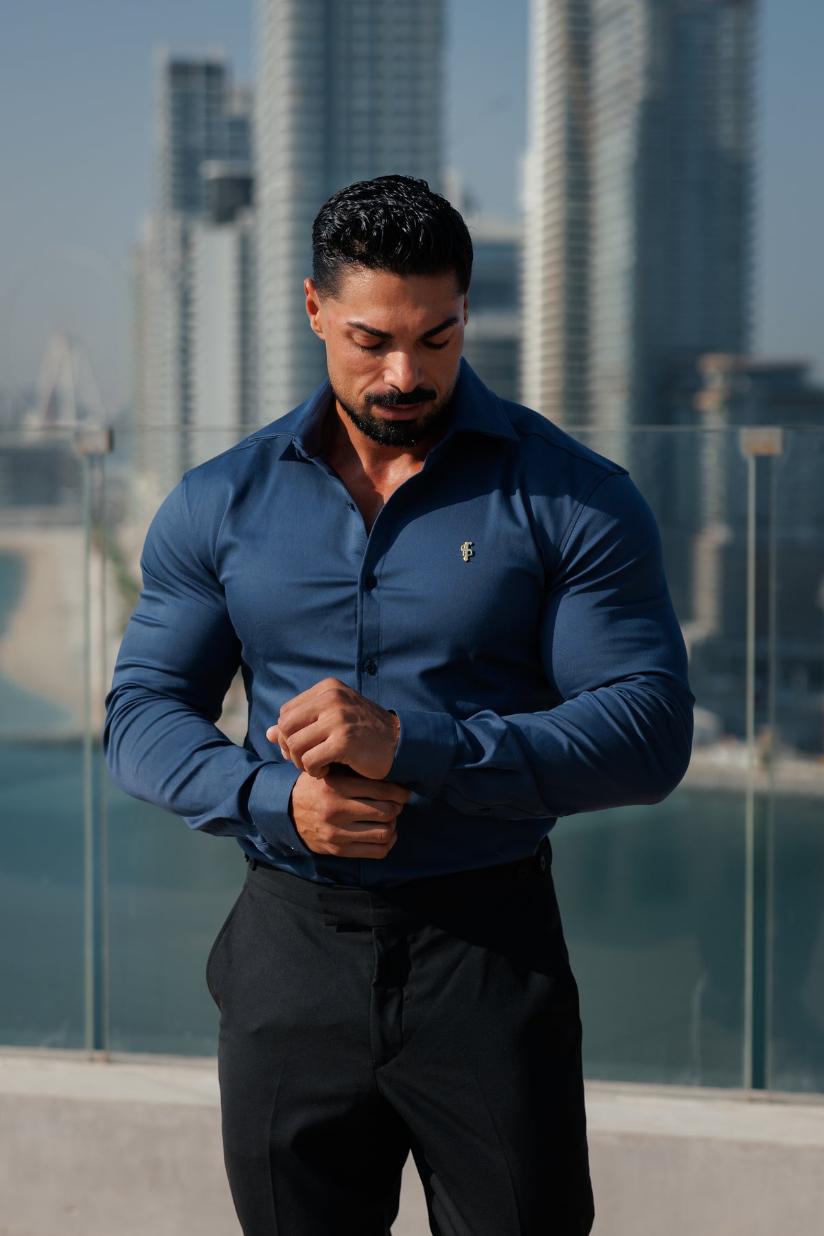 Super Slim Stretch New Navy Denim Long Sleeve with Gold Metal Decal and Cutaway Collar - FS1314